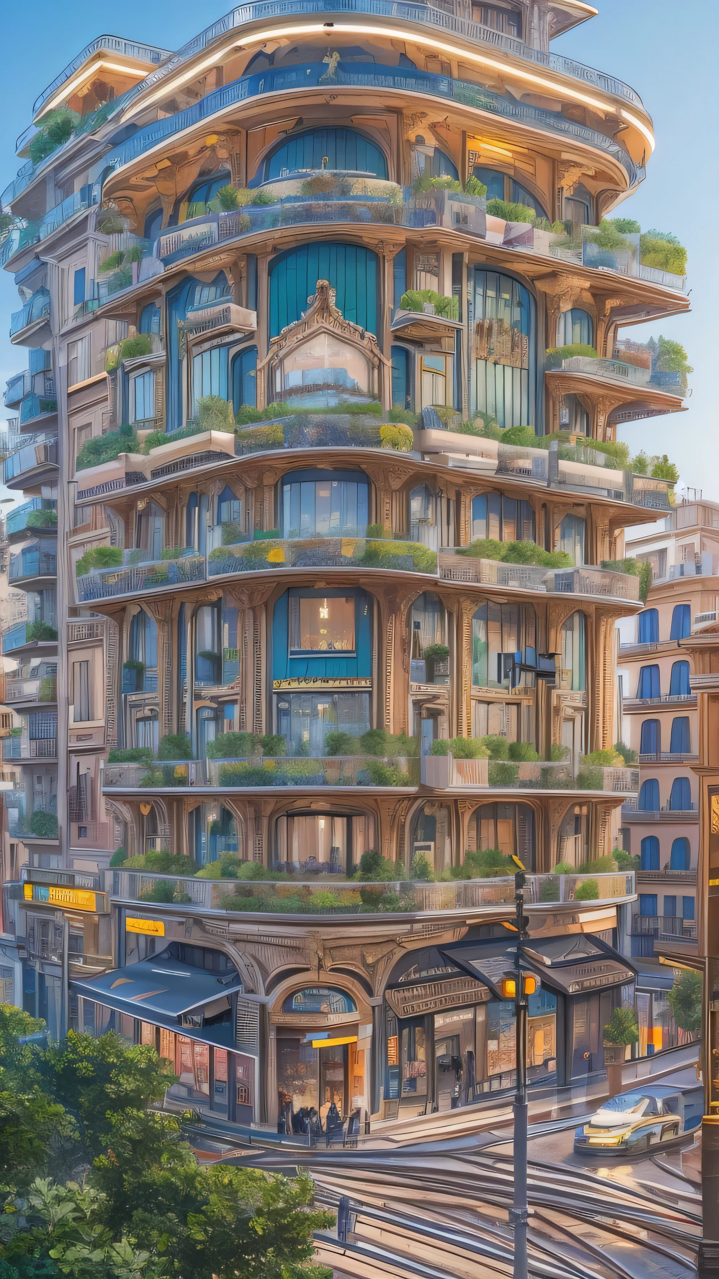 ((masterpiece)),(( top quality )),(( high detail)),(( realistic ,))  Futuristic Cities ,  Views from Barcelona's Architectural District, modern architecture, Railway Lines , Streetscape, building,   knight , European city, The sky is beautiful, neon、