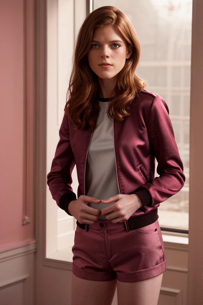 rose leslie wearing a maroon satin jacket and shorts in a elegant looks, d size, elegant pose, in a pink background, rim light, warm lights, smoke, long glazing hair, spotlight illumination, rich shadows, sparkling bokeh, exquisite details, high-resolution, 35mm film, timeless elegance