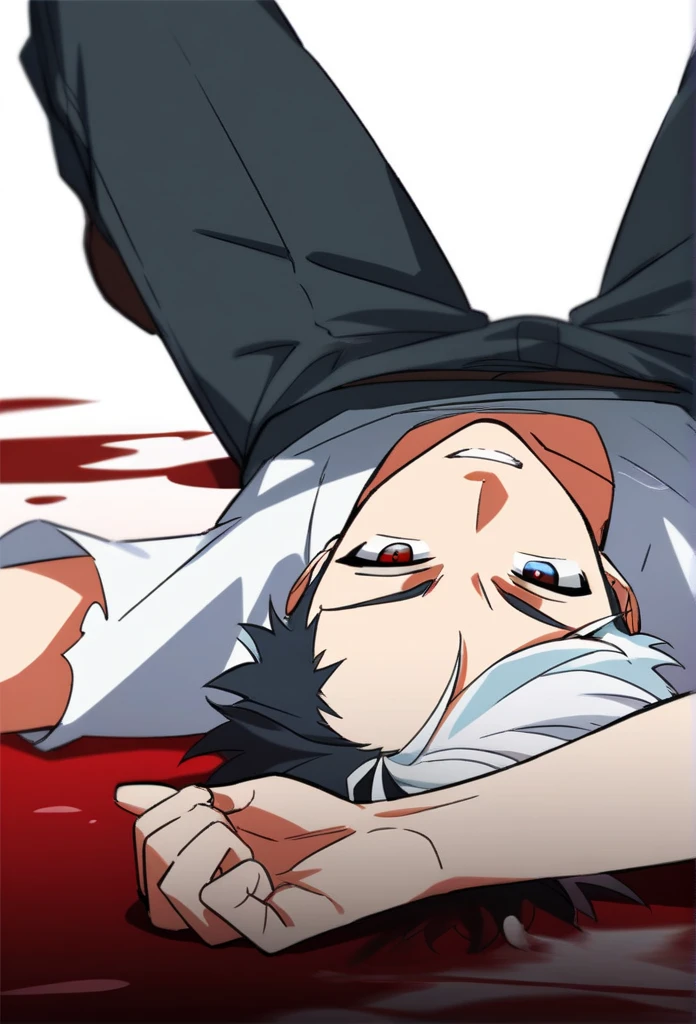 (Detective investigating a mysterious case), masterpiece, best quality, full body, (1boy), (detective jacket), (crime scene), (forensic), (white hair) , (yellow eyes), (cover style :1.3), dark tones, blood stains, dark lighting, (Crime scene and a corpse), blood stains on the wall,