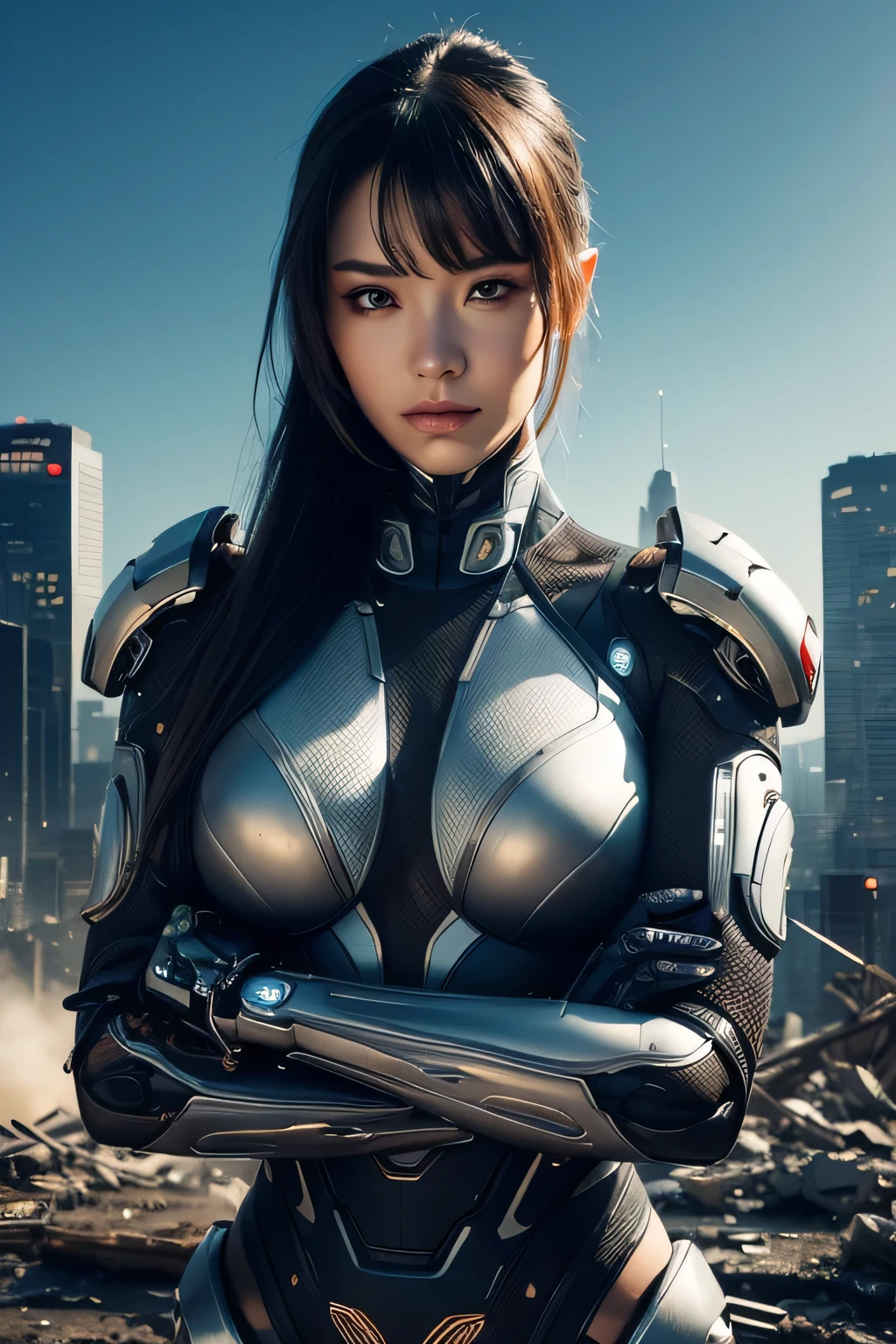 Air angle, (Huge biological weapon), female face, So many glittering wings, holy, move, skyscrapers, flight, ((Halo)), battlefield, attack,Huge Breasts