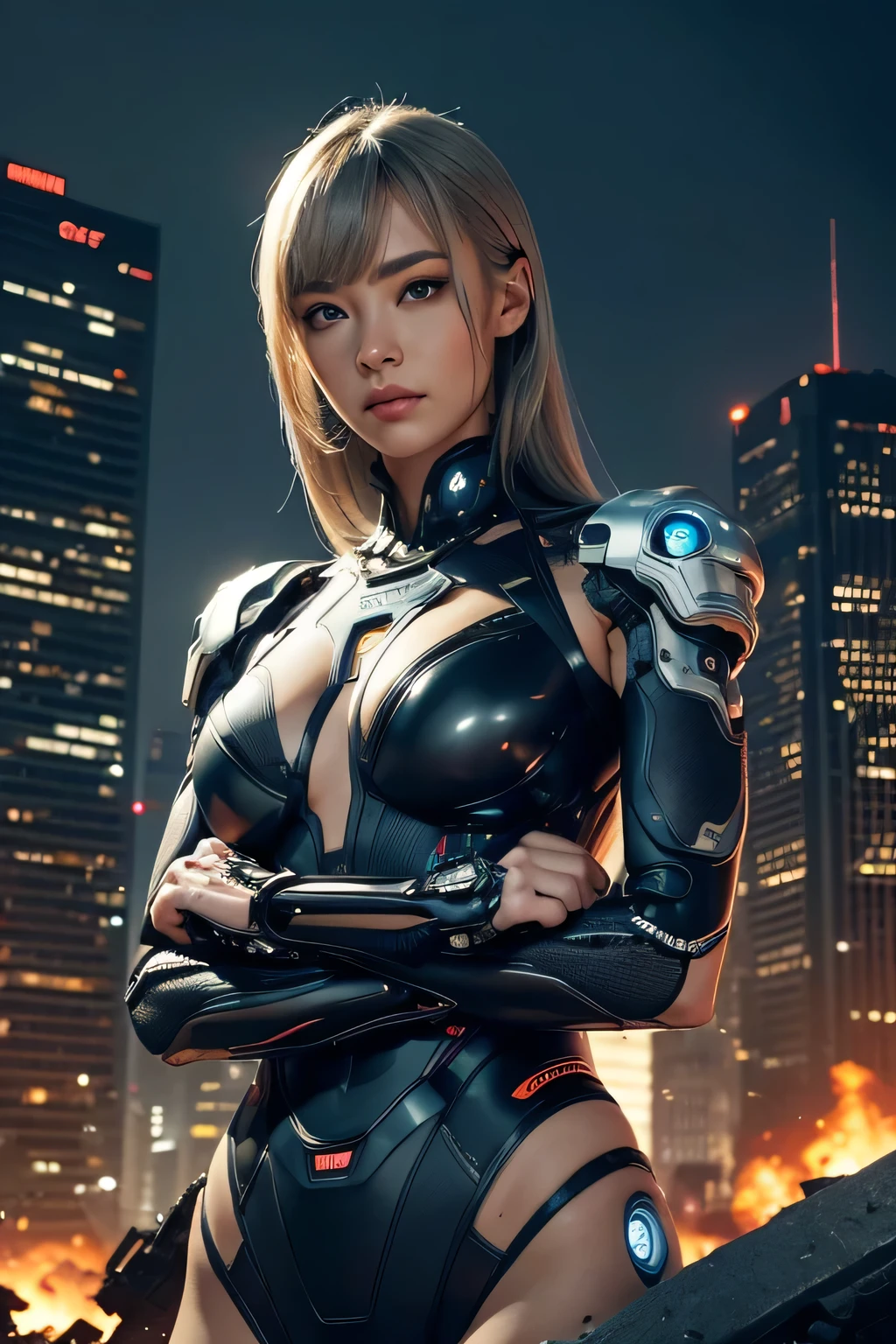 Silver gradient color hair、long fluttering hair、strong breeze、Orange Eyes、radiant eyes、Evangelion Girl、small tit、Breasts are small and B size、The face and chest are alive、Cleavage is visible。photoRealstic、portfolio、Evangelion-style metal mecha suit、an oppai cyberpunk、Gothloli details、metalic、detailed mechanical components、Bundle of thin tubes、Metal cylinder、Detailed neon、Fine LED、Fine parts、Background Machinery City、Metallic colorful suit、Big robot standing in the background、high-heels、Finish like a photo、Eyes are double（A detailed eye）, Beautifully detailed、The appearance of looking back is also beautiful、