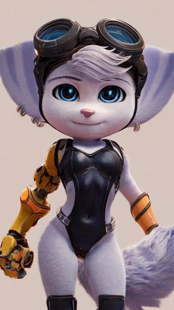 rivet, female focus, right mec arm, blue eyes, perfect eyes, black swimsuit, smile, full body, standing, sensual pose, blank background, 4k, hyper detailed, front view,fox tail, cameltoe, looking for viewer, chibi, 