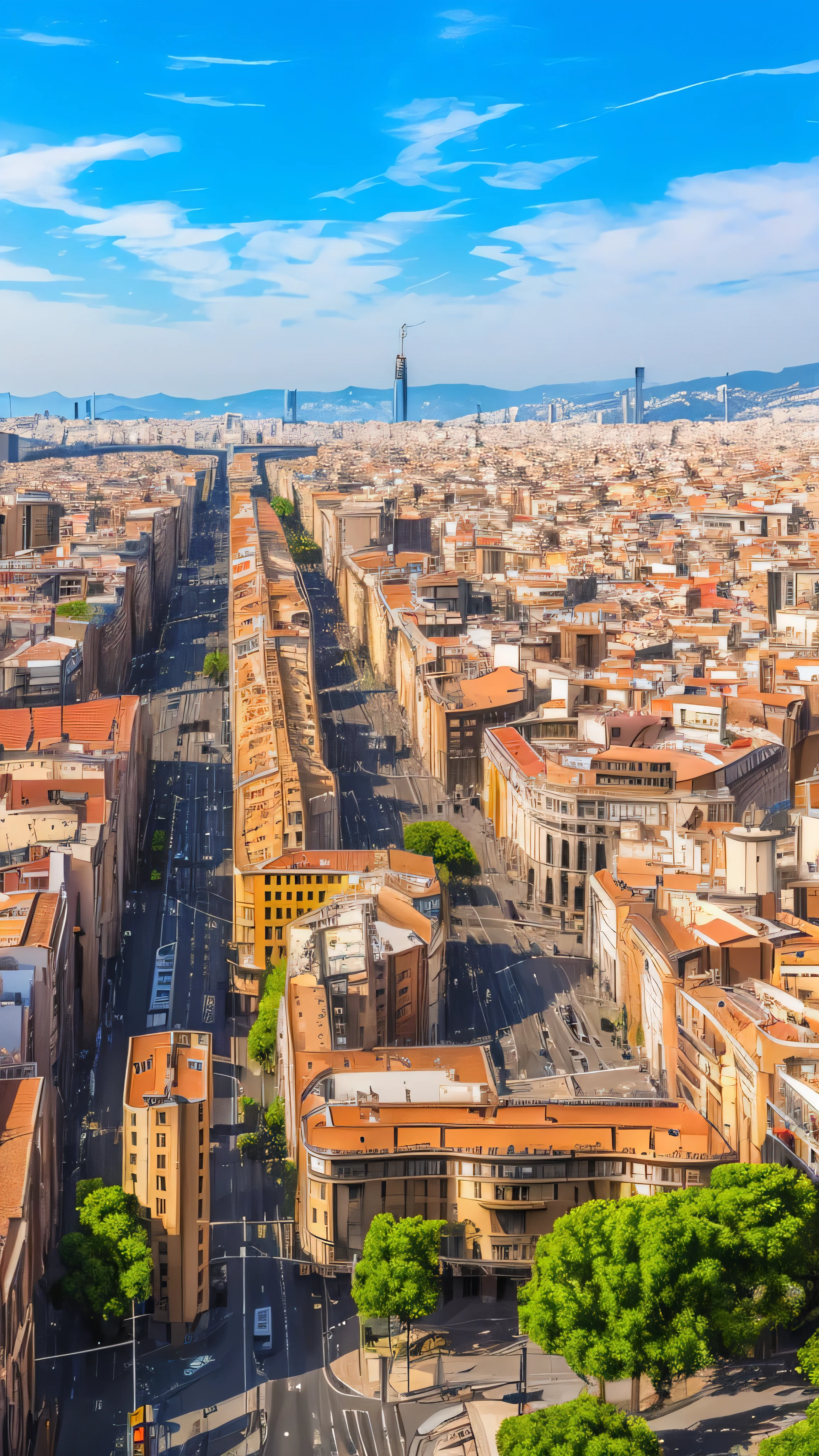 ((masterpiece)),(( top quality )),(( high detail)),(( realistic ,)) Nostalgic city ,  views from Barcelona's architectural district, modern architecture, Railway Lines , Streetscape, building,  knight , European city, The sky is beautiful,