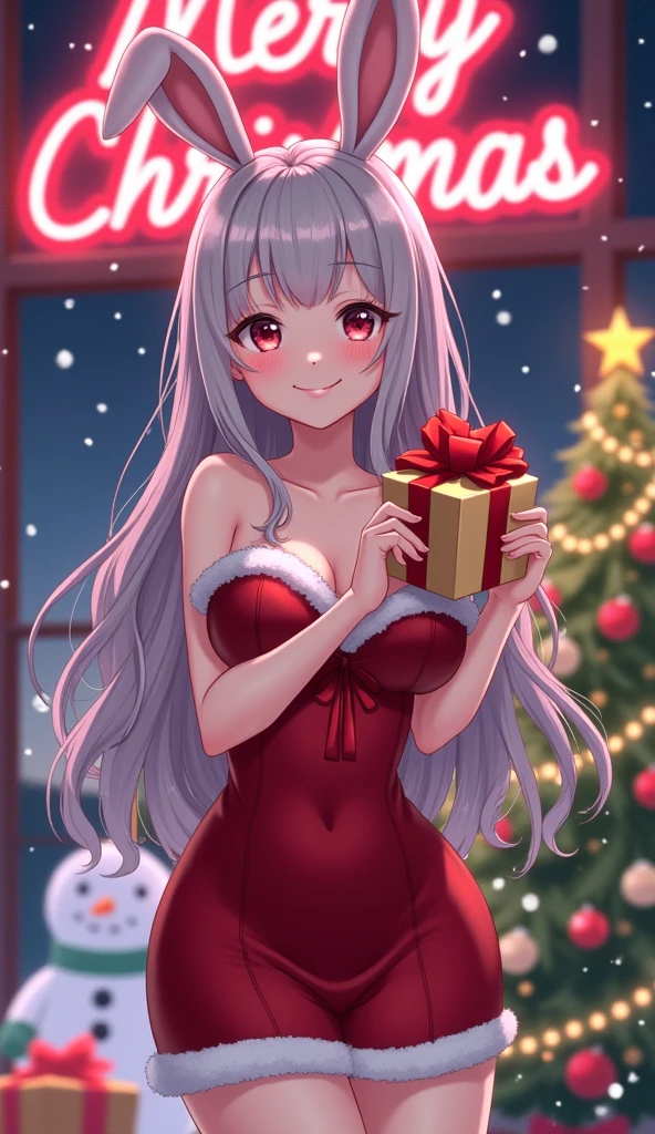 Anime Chrismas dress sexy cute bunny girl, hold the gift, christmas tree and snowman in background. "Merry christmas" neon light.