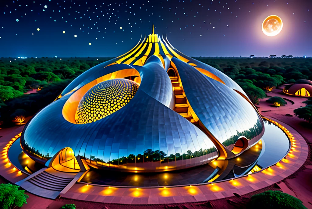 Futurism:0.8, Matrimandir, Auroville, atmospheric lights, stars and moon, universe, infinity, high res, 8k, vibrant colors, ultra high details, trending at artstation, 