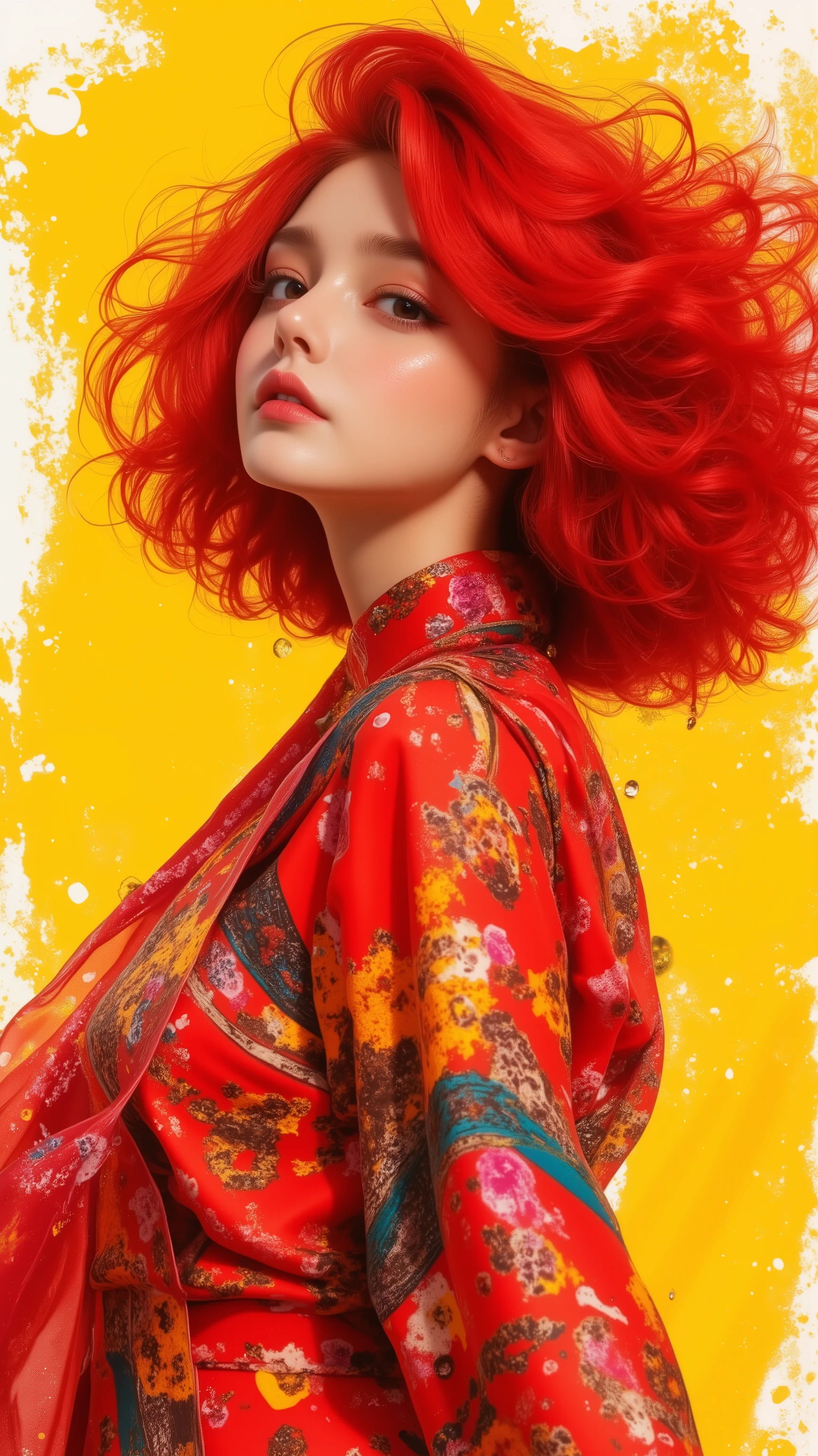 32K, (tmasterpiece, HD, hyper HD, 32K) Large flowing curls, Flowing Rouge, Ponds, zydink,  Farbe,  japanes, (Stupid girl), (Silk Scarf)  Big roll of rouge, Flowing rouge curls, avant-garde, psychedelic, (Abstract ink splash：1.2), Yellow lemon background, tiny waterfall (realisticlying：1.4), Rouge Hair, The background is pure, hight resolution,  detaileds,  RAW photogr,  Sharp Re,  「Nikon D850 Film」Stock photo of Jeffries Lee 4 Kodak Portra 400 Camera F1.6 shots, Rich colors, Ultra-realistic vivid textures, Dramatic Lighting, Unreal Engine Art Station Trends, Synestil 800, Big curls, Flowing Rouge, small tits, Slimed, A slender, Model body type, Abstract, artistic.