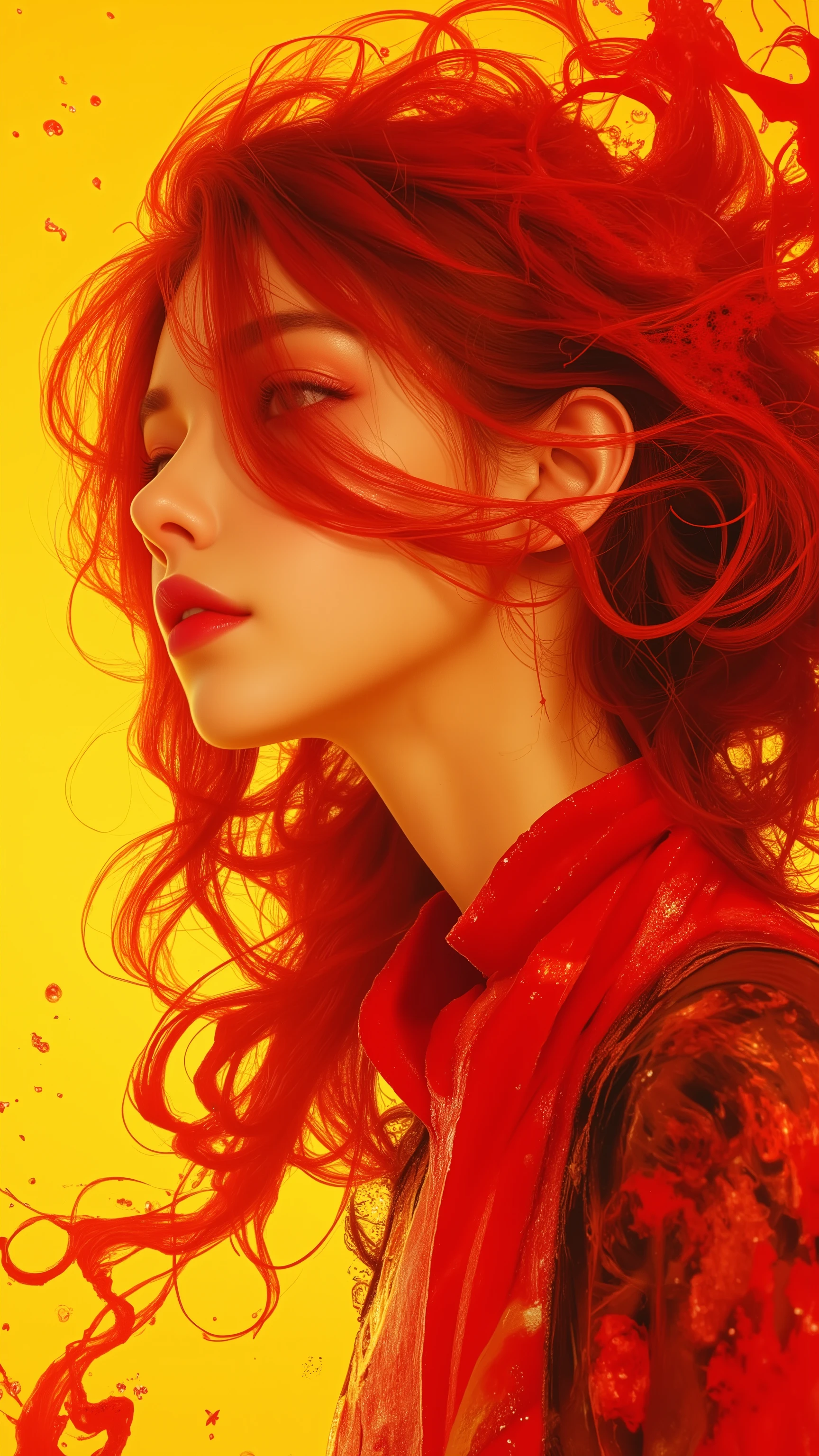 32K, (tmasterpiece, HD, hyper HD, 32K) Large flowing curls, Flowing Rouge, Ponds, zydink,  Farbe,  japanes, (Stupid girl), (Silk Scarf)  Big roll of rouge, Flowing rouge curls, avant-garde, psychedelic, (Abstract ink splash：1.2), Yellow lemon background, tiny waterfall (realisticlying：1.4), Rouge Hair, The background is pure, hight resolution,  detaileds,  RAW photogr,  Sharp Re,  「Nikon D850 Film」Stock photo of Jeffries Lee 4 Kodak Portra 400 Camera F1.6 shots, Rich colors, Ultra-realistic vivid textures, Dramatic Lighting, Unreal Engine Art Station Trends, Synestil 800, Big curls, Flowing Rouge, small tits, Slimed, A slender, Model body type, Abstract, artistic.