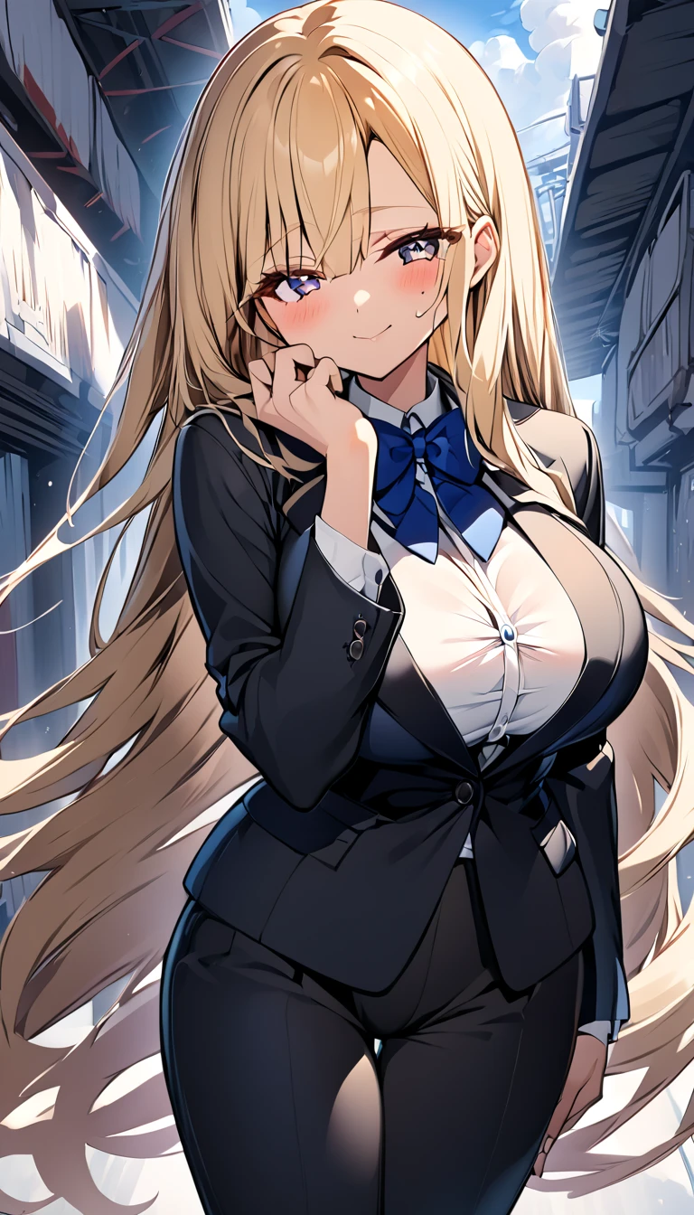  One girl 　 cute girl　 ANIME STYLE　Anime Face　 anime style　Beauty　Big Breasts　 top and bottom black colored pantsuit　White color shirt　Fasten the blue ribbon 　The jacket is black 　 black pants　Blonde hair　 straight hair 　 long hair on her face