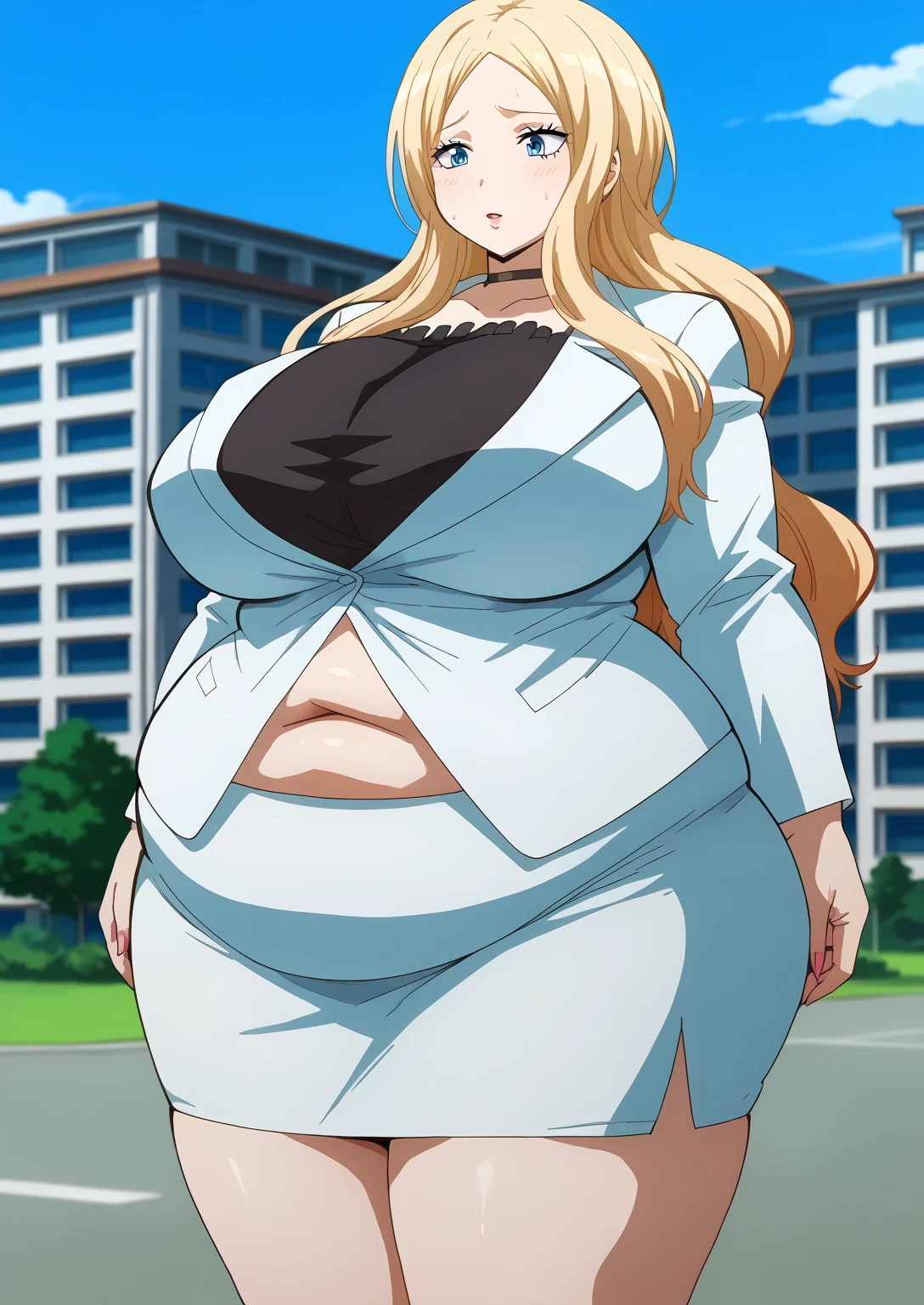  Irina Jelavic,  Golden Hair ,  long hair, blue eyes,  black choker like an NTR cartoon,  white suit ,  white jacket,  black shirt , white mini skirt, ssbbw, chubby,milf, score_9,   score_8_ up,   score_7_ up,   score_6_ up,   score_5_ up,   score_4_ up,     masterpiece   ,   top quality,     So Aesthetic ,    absurd,    Source_Anime, Anime screencap,    one woman , Alone,   personal   ,  Super huge breasts, ((( super huge clevis, Super huge , Super huge boob))), Curvy,   chubby,  Mature Woman,   obese ,  embarrassing expression, Outdoor