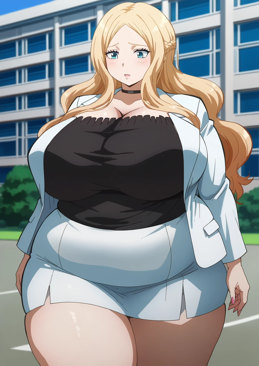  Irina Jelavic,  Golden Hair ,  long hair, blue eyes,  black choker like an NTR cartoon,  white suit ,  white jacket,  black shirt , white mini skirt, ssbbw, chubby,milf, score_9,   score_8_ up,   score_7_ up,   score_6_ up,   score_5_ up,   score_4_ up,     masterpiece   ,   top quality,     So Aesthetic ,    absurd,    Source_Anime, Anime screencap,    one woman , Alone,   personal   ,  Super huge breasts, ((( super huge clevis, Super huge , Super huge boob))), Curvy,   chubby,  Mature Woman,   obese ,  embarrassing expression, Outdoor