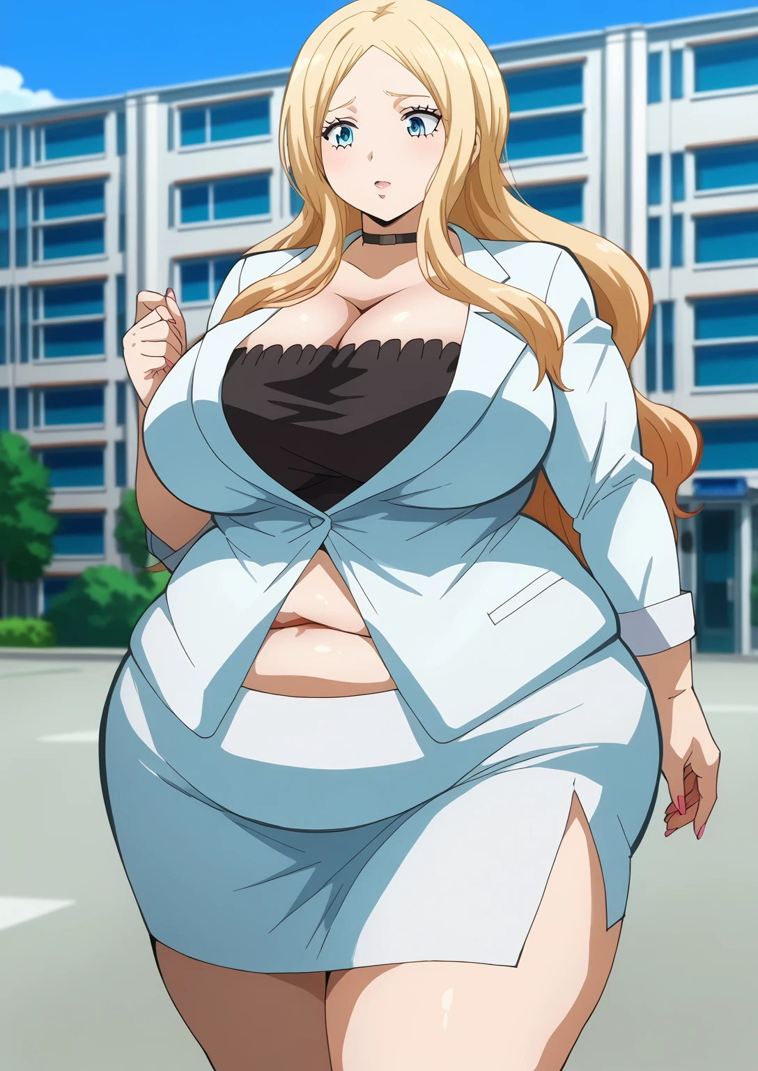  Irina Jelavic,  Golden Hair ,  long hair, blue eyes,  black choker like an NTR cartoon,  white suit ,  white jacket,  black shirt , white mini skirt, ssbbw, chubby,milf, score_9,   score_8_ up,   score_7_ up,   score_6_ up,   score_5_ up,   score_4_ up,     masterpiece   ,   top quality,     So Aesthetic ,    absurd,    Source_Anime, Anime screencap,    one woman , Alone,   personal   ,  Super huge breasts, ((( super huge clevis, Super huge , Super huge boob))), Curvy,   chubby,  Mature Woman,   obese ,  embarrassing expression, Outdoor