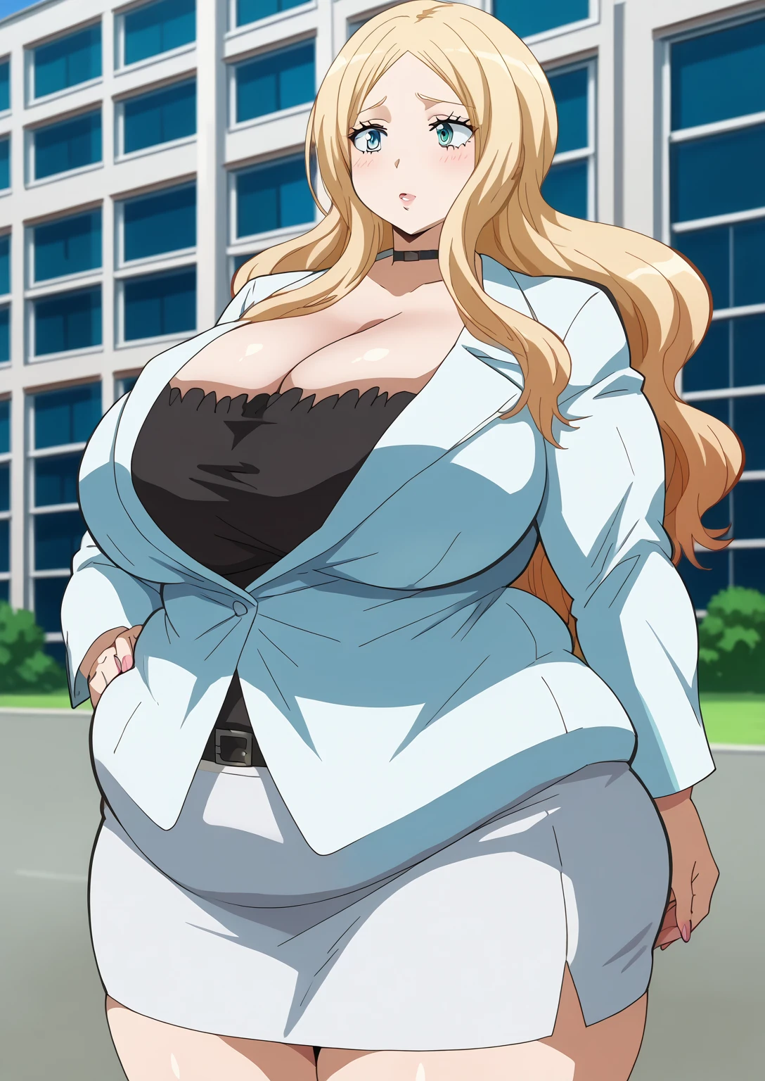  Irina Jelavic,  Golden Hair ,  long hair, blue eyes,  black choker like an NTR cartoon,  white suit , ( white jacket), Black inner shirt, (white mini skirt) , ssbbw, chubby,milf, score_9,   score_8_ up,   score_7_ up,   score_6_ up,   score_5_ up,   score_4_ up,     masterpiece   ,   top quality,     So Aesthetic ,    absurd,    Source_Anime, Anime screencap,    one woman , Alone,   personal   ,  Super huge breasts, ((( super huge clevis, Super huge , Super huge boob))), Curvy,   chubby,  Mature Woman,   obese ,  embarrassing expression, Outdoor