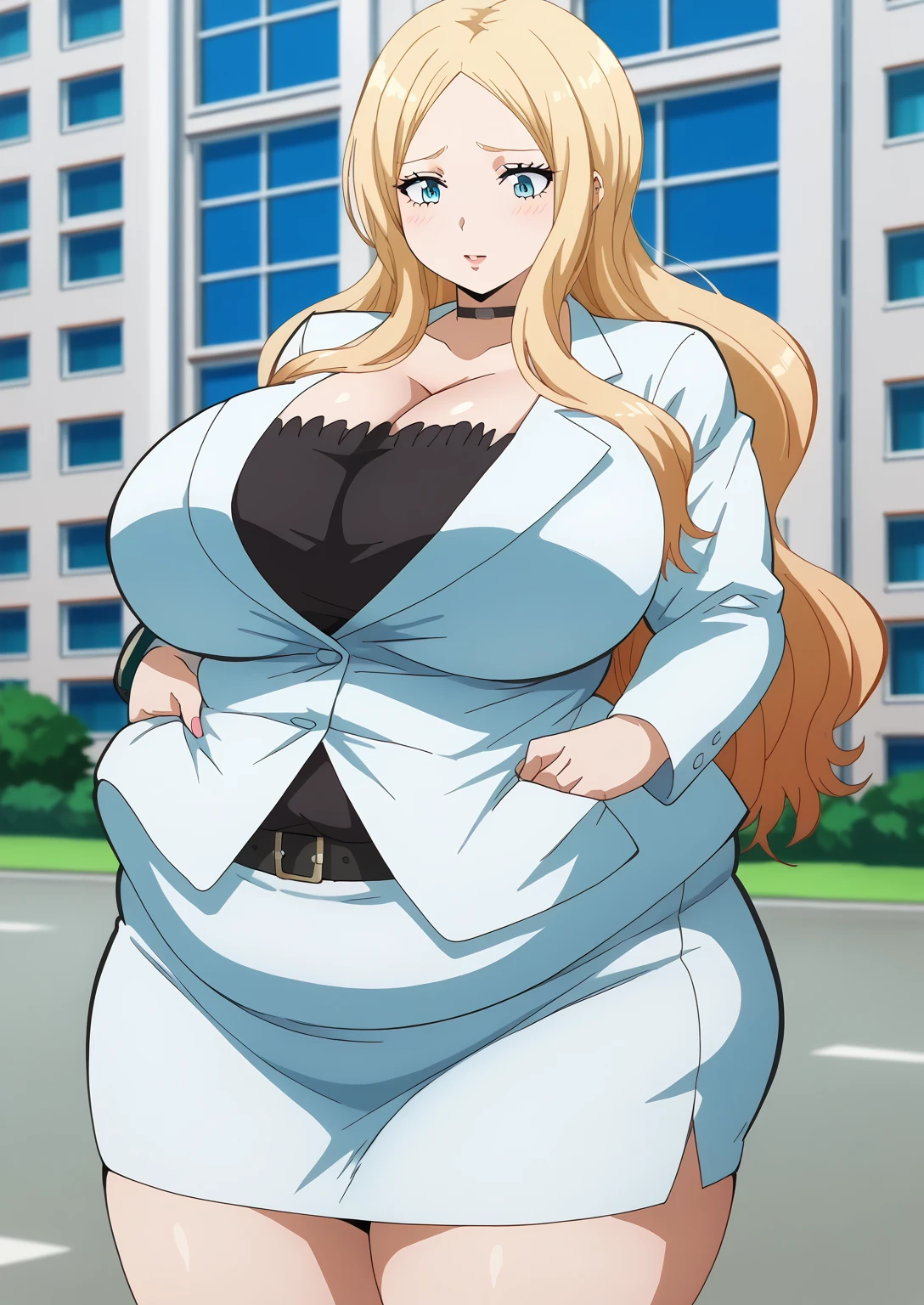  Irina Jelavic,  Golden Hair ,  long hair, blue eyes,  black choker like an NTR cartoon,  white suit , ( white jacket), Black inner shirt, (white mini skirt) , ssbbw, chubby,milf, score_9,   score_8_ up,   score_7_ up,   score_6_ up,   score_5_ up,   score_4_ up,     masterpiece   ,   top quality,     So Aesthetic ,    absurd,    Source_Anime, Anime screencap,    one woman , Alone,   personal   ,  Super huge breasts, ((( super huge clevis, Super huge , Super huge boob))), Curvy,   chubby,  Mature Woman,   obese ,  embarrassing expression, Outdoor