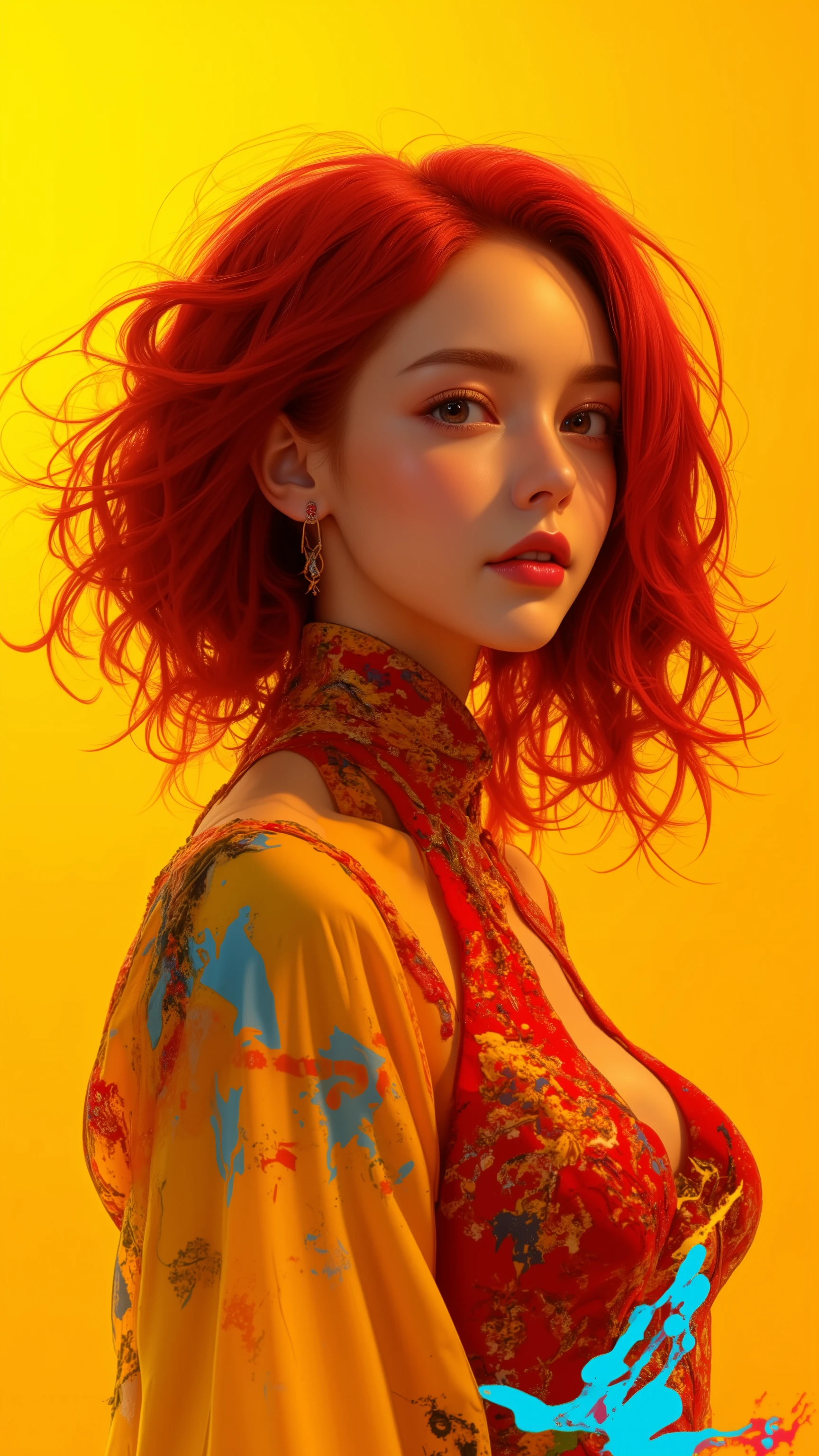 32K, (tmasterpiece, HD, hyper HD, 32K) Large flowing curls, Flowing Rouge, Ponds, zydink,  Farbe,  japanes, (Stupid girl), (Silk Scarf)  Big roll of rouge, Flowing rouge curls, avant-garde, psychedelic, (Abstract ink splash：1.2), Yellow lemon background, tiny waterfall (realisticlying：1.4), Rouge Hair, The background is pure, hight resolution,  detaileds,  RAW photogr,  Sharp Re,  「Nikon D850 Film」Stock photo of Jeffries Lee 4 Kodak Portra 400 Camera F1.6 shots, Rich colors, Ultra-realistic vivid textures, Dramatic Lighting, Unreal Engine Art Station Trends, Synestil 800, Big curls, Flowing Rouge, small tits, Slimed, A slender, Model body type, Abstract, artistic.