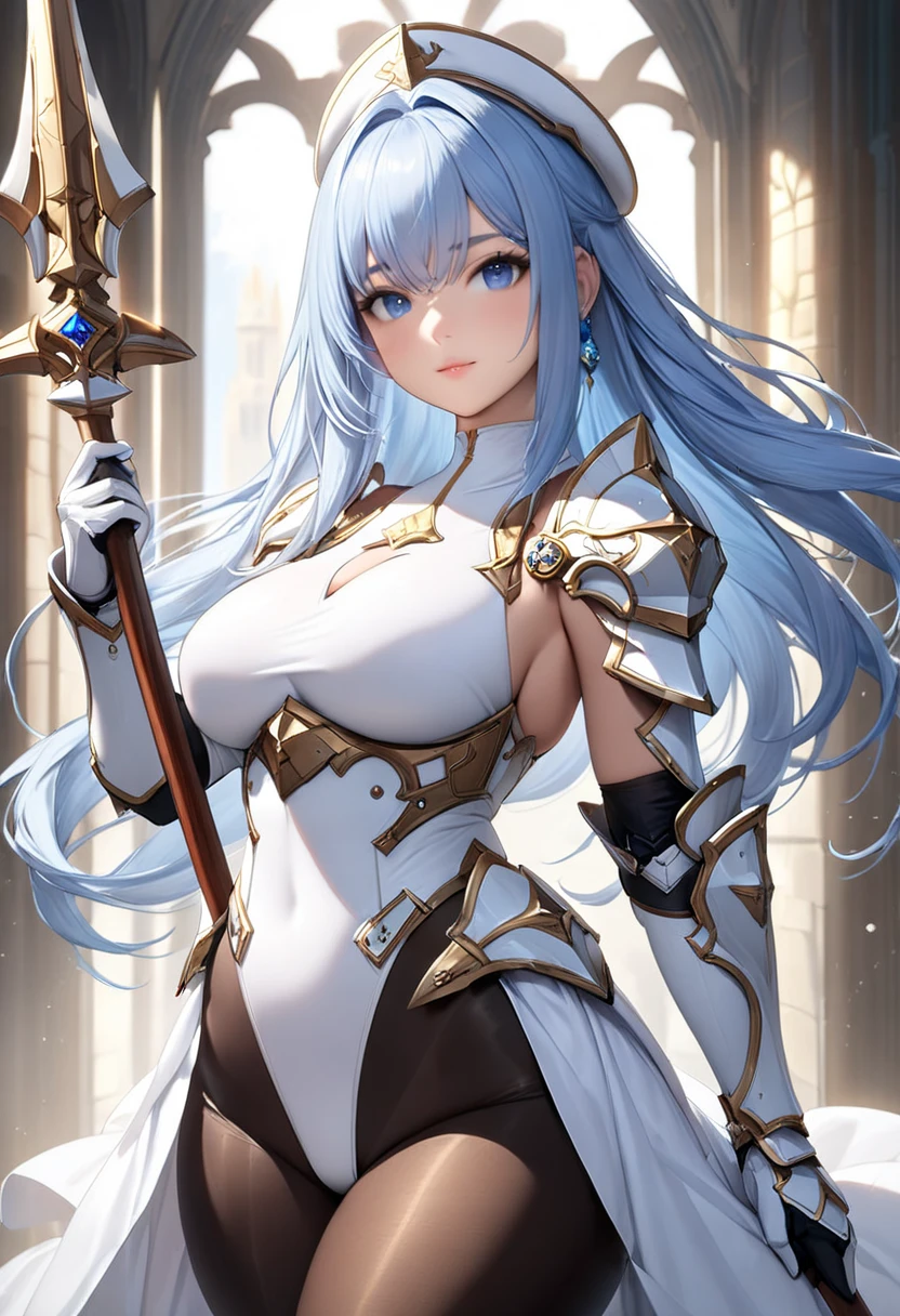 ((highest quality)), ((masterpiece)), ((hyperrealistic)), (solo), 1girl, ((curvy)), ((skindantation: 1.2)), perfect face, ((Azur Lane)), ((armored long skirt dress: 1.2)), ((paladin armor)), ((skin-tight high neck white leotard: 1.4)), ((white knight armor breastplate)), ((skin-tight black Investigator Bodystocking)), ((large pauldron)), (long gauntlet gloves), ((light blue hair straight long hair)), ((large breasts that look like they might burst)), (pantyhose thighs), (white knee-high boots), ((see through cleavage cutout)), zettai ryouiki, white military beret, beautiful blue eyes, Perfect hands, perfect fingers, A magical spear decorated with luxurious goldwork., prepare a spear, makeup,