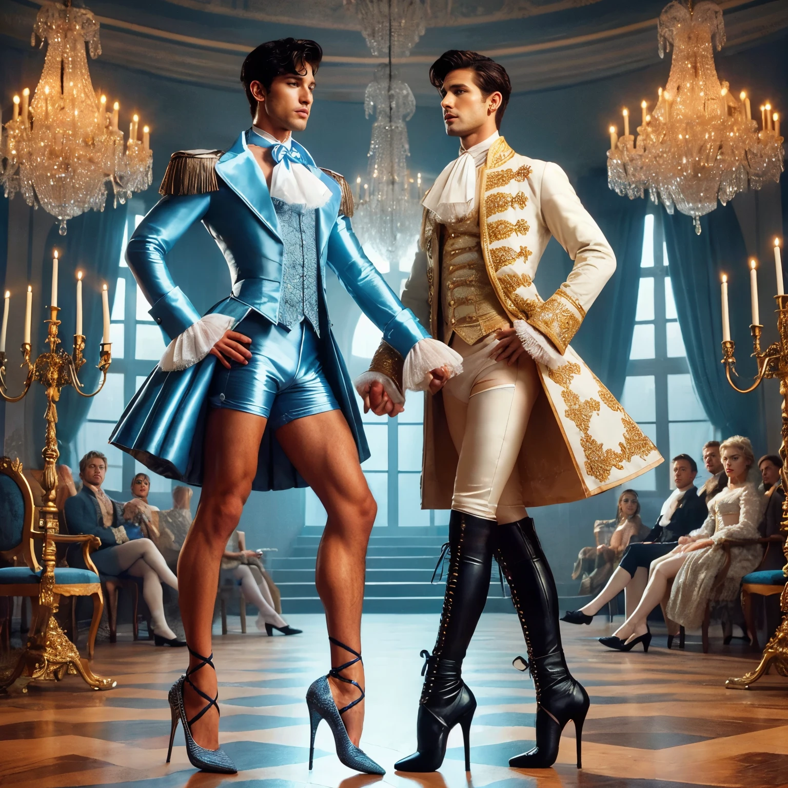 (4k, best quality, masterpiece, photo, beautiful eyes, ballet tights, crotch bulge, nutcracker ballet, pun:1.35), (2boys, ballet dancers, prince defeats rat king:1.5)