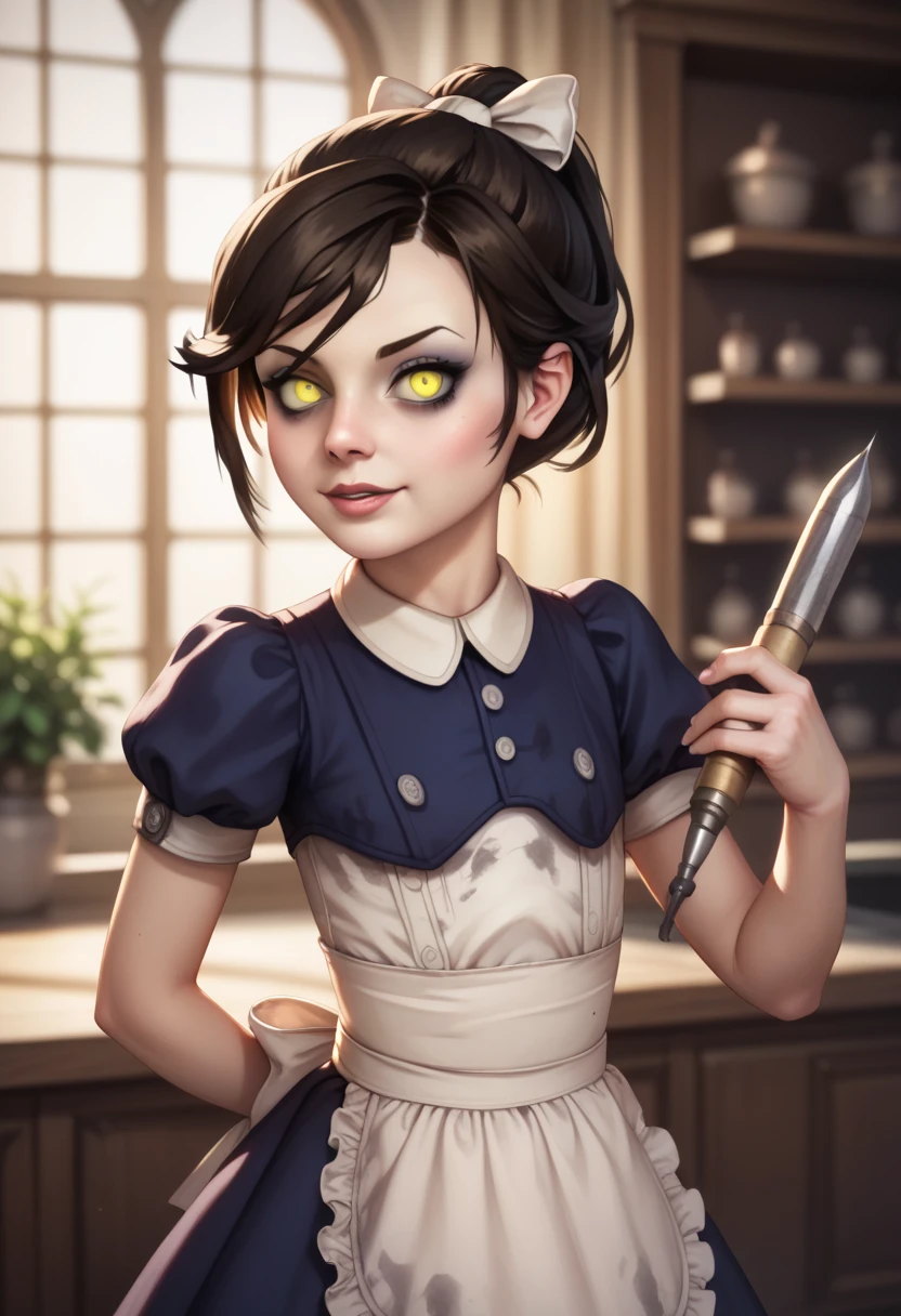 A realistic depiction of Little Sister from Bioshock: a young girl with pale skin and glowing yellow eyes, wearing a dark purple vintage-style dress with a white apron. Her hair is tied back in a messy ponytail, and her expression conveys an eerie mix of innocence and haunting mystery. The background is softly blurred with a faint underwater ambiance, keeping the focus on her. Realistic textures, cinematic lighting, and high detail bring the character to life, lilsis