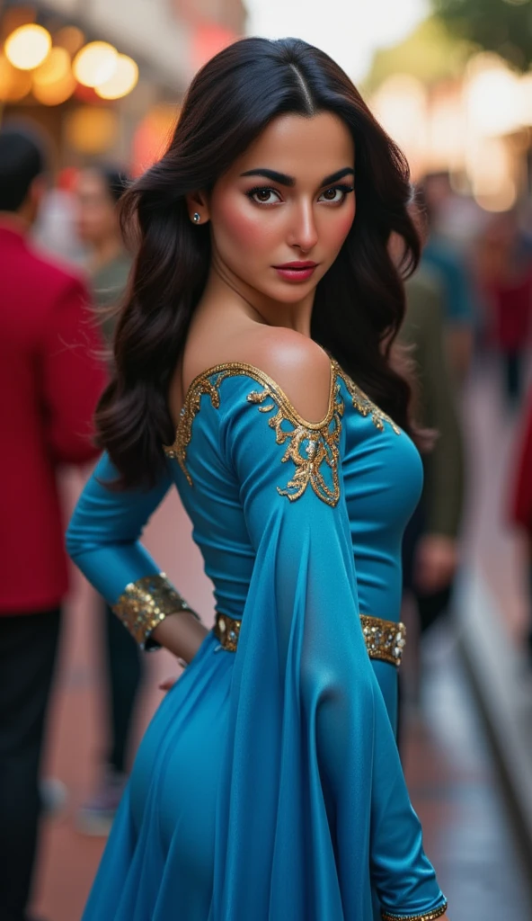 portrait of Hania Amir as Princess Jasmine, dark black hair, in a blue princess Jasmine dress, busy arab city street,4K quality, focused portrait, tight costume, sexy curves, , hard nipple pokies