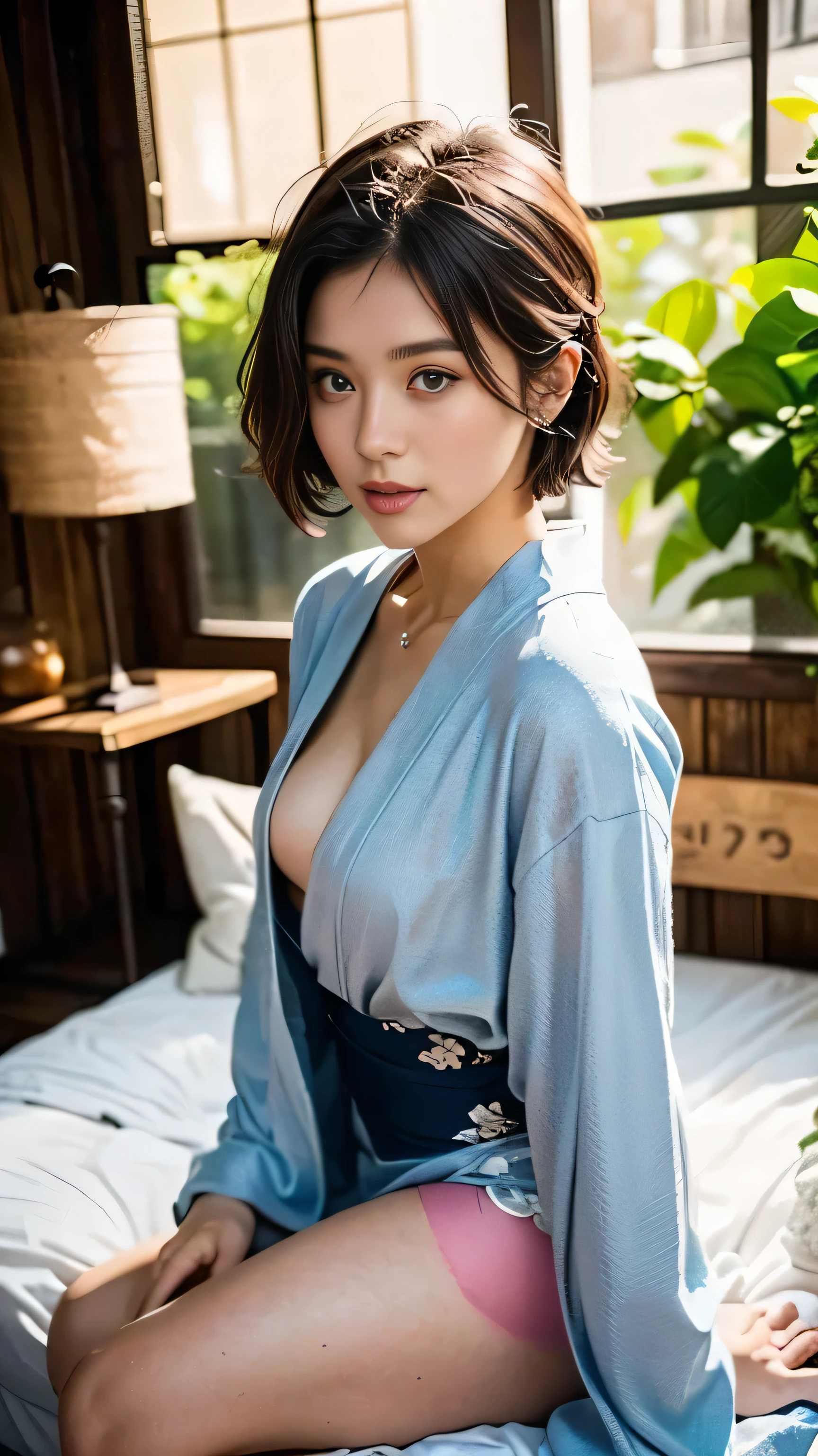 (8k、 RAW photography、 top quality 、masterpiece:1.2)、( realistic 、 realistic :1.37)、 super high res、 One Girl 、 cute、Alone、 sitting、 blue eyes、( short hair:1.2)、(((  knight )))、(((kimono、yukata)))、 professional lighting  、 DETAILED FACE AND SKIN TEXTURE 、fine grain、 RAW photo、( sexy poses:1.3)