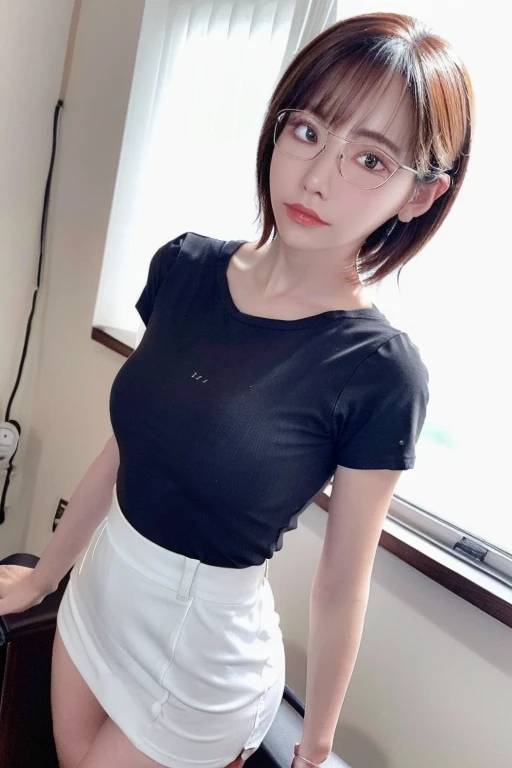 8k, Highest quality, masterpiece, Realistic, Realistic, Very detailed, Natural light, Shapely breasts, 1 person, 35-year-old woman, Long Black Hair, The glasses are red, A tight-fitting v-neck T-shirt, Very detailed顔と肌, Detailed eyes, Very detailed顔と肌、Selfie、clear background、Lying down、 (Upper thigh:1.4), (from the front), Cloudy 1、Japanese girl、Shorts、 cute、On the bed、relax