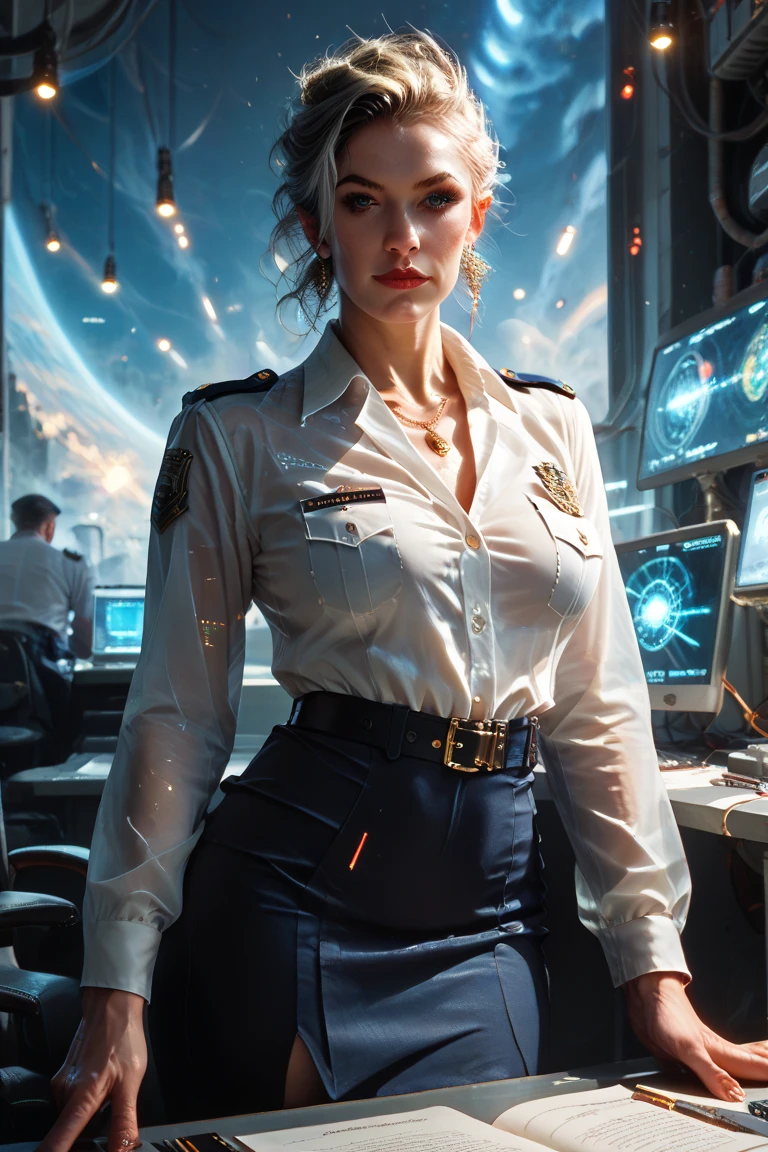 fantchar, an ethereal translucent alien with delicate features in a science-fiction setting, shining from within , sparks and lights, officerlight, officer, limelight, realistic , , intricate
