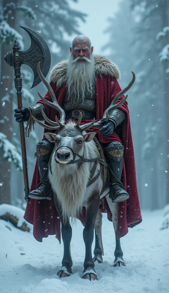 (best quality, 128k,highres,masterpiece:1.2),ultra-detailed,(realistic,photorealistic,photo-realistic:1.37), ((masterpiece)) ((photography)) ((Highest quality)) A powerful and majestic Nordic Santa Claus riding a grand armored reindeer through a snowy enchanted forest. Santa wears a red fur-lined cloak with intricate silver embroidery, holding an enormous battle axe engraved with Nordic runes. The reindeer is adorned with ornate ceremonial armor, featuring antlers decorated with mystical carvings. The atmosphere is cold, with dense snow falling, creating a magical yet ominous ambiance. Highly detailed and ultra-realistic, emphasizing the textures of fur, metal, and snow, in cinematic lighting.