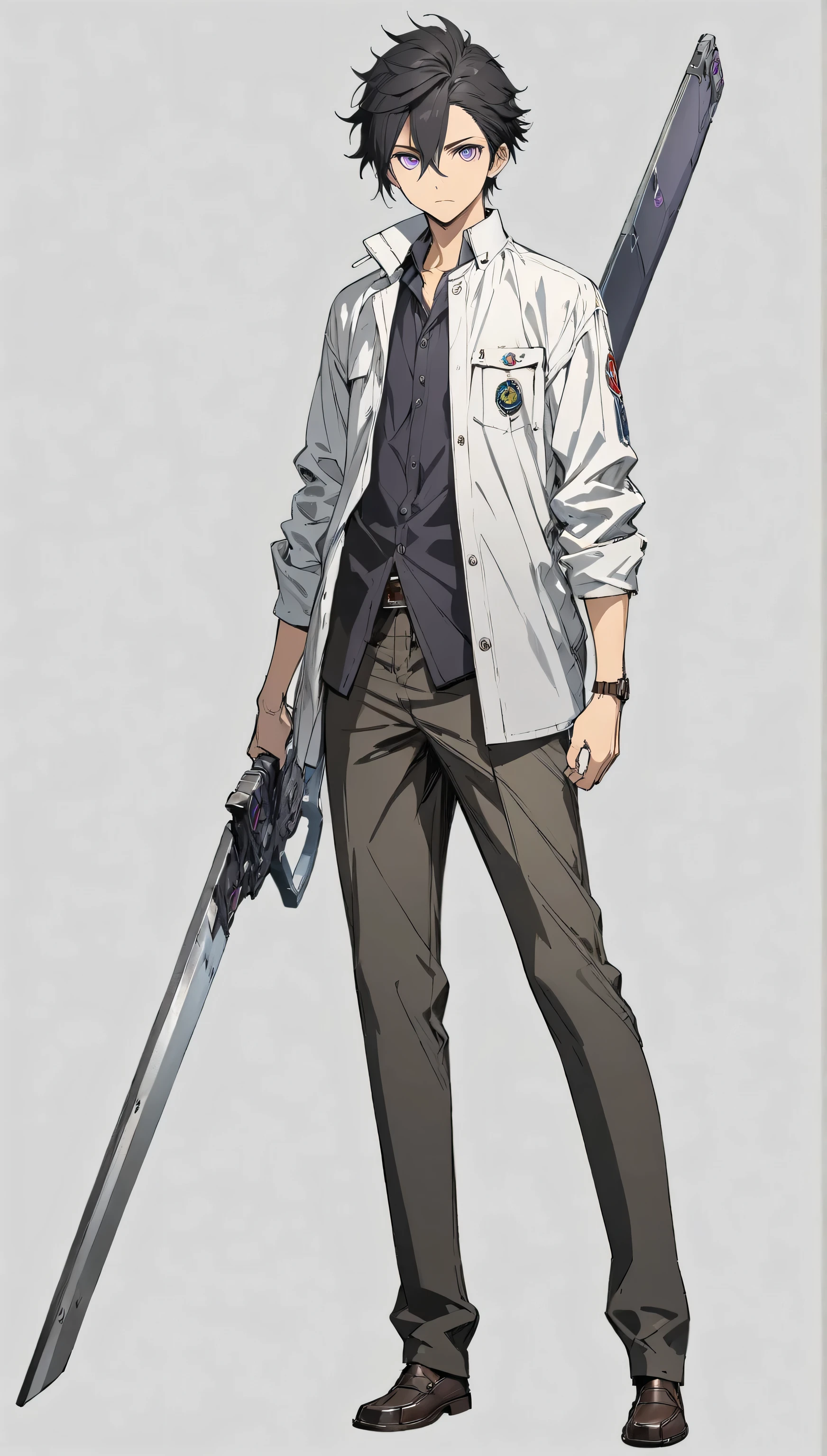 solo,1man,full body,black hair,Cool hairstyle,purple eyes,school uniform,large sword,looking at viewer,upright,arms at sides,concept art.white background,simple background,best quality,masterpiece,illustration,beautiful detailed eyes,expressionless,ultra-detailed,hairs between eyes