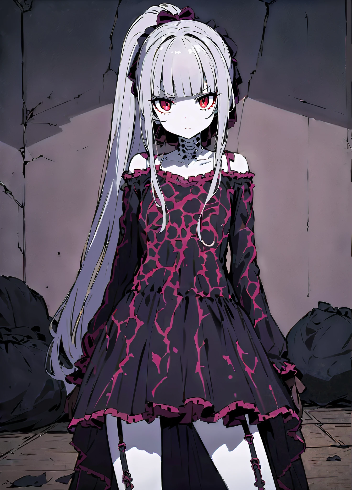 Create an illustration of a busty girl that has gothic style, hair is black with red, have a pokemon style pet that is a black toad