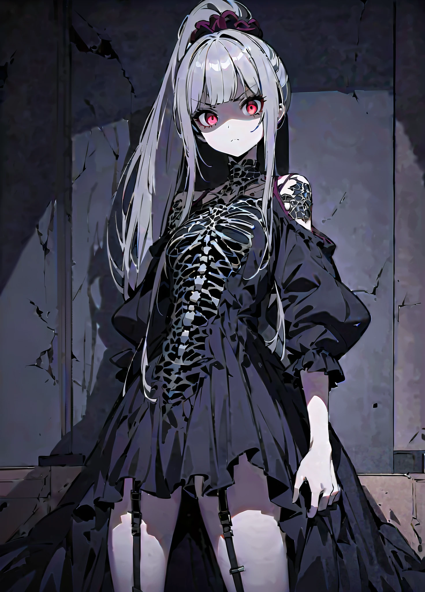1 girl,wearing a large shirt that reaches the thighs, a jacket, written ´´Harl´´ on it,with a seductive look, and dashing smile.,Gothic style.