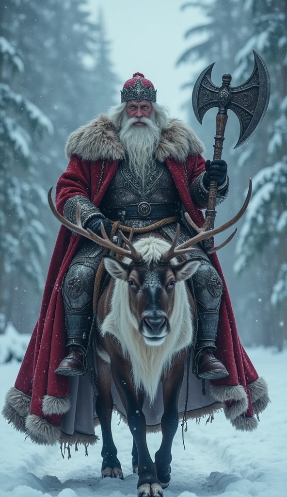 (best quality, 128k,highres,masterpiece:1.2),ultra-detailed,(realistic,photorealistic,photo-realistic:1.37), ((masterpiece)) ((photography)) ((Highest quality)) A powerful and majestic Nordic Santa Claus riding a grand armored reindeer through a snowy enchanted forest. Santa wears a red fur-lined cloak with intricate silver embroidery, holding an enormous battle axe engraved with Nordic runes. The reindeer is adorned with ornate ceremonial armor, featuring antlers decorated with mystical carvings. The atmosphere is cold, with dense snow falling, creating a magical yet ominous ambiance. Highly detailed and ultra-realistic, emphasizing the textures of fur, metal, and snow, in cinematic lighting.