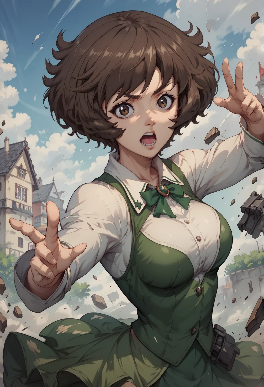 score_9, score_8_up, score_7_up, 1 girl, akiyama yukari, short hair, messy hair, bangs, brown hair, brown eyes, large breasts, standing, dynamic pose; tanks in the background,  masterpiece, best quality
