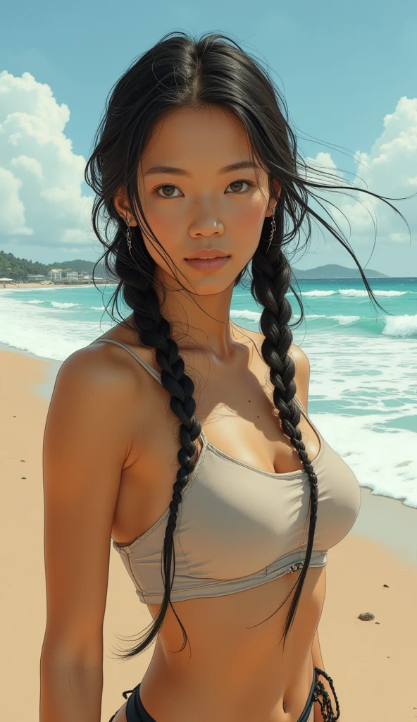 a light skin brunette girl with double braided hair smiling with toned muscle wearing a crop top on the beach of beautiful 18 y.o woman, makeup, 8k uhd, high quality, dramatic, cinematic full body frontal with small breasts 