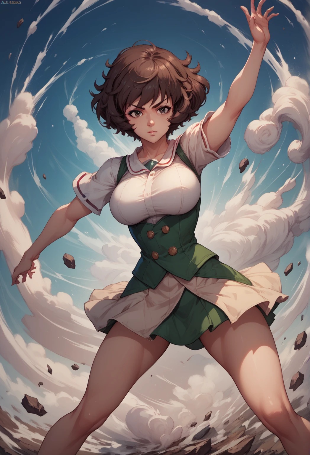 score_9, score_8_up, score_7_up, 1 girl, akiyama yukari, short hair, messy hair, bangs, brown hair, brown eyes, large breasts, standing, dynamic pose; tanks in the background,  masterpiece, best quality
