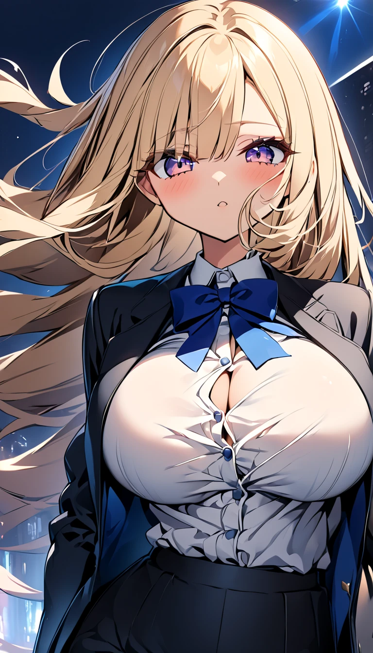  One girl 　 cute girl　 ANIME STYLE　Anime Face　 anime style　Beauty　Big Breasts　 top and bottom black colored pantsuit　White color shirt　Fasten the blue ribbon 　The jacket is black 　 black pants　Blonde hair　 straight hair 　 long hair on her face