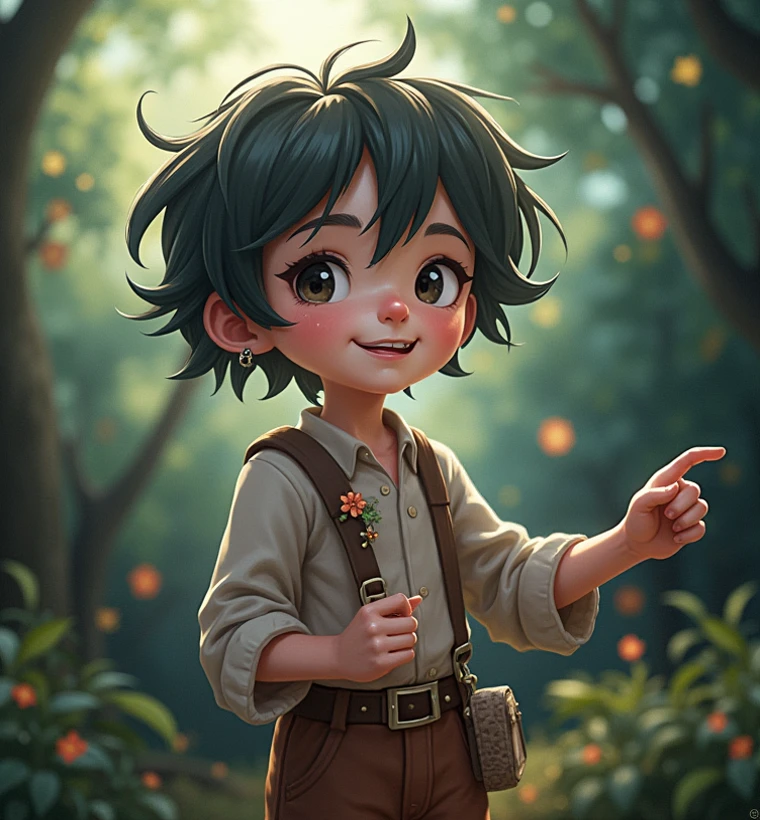 (drawing) (best quality) 6 year old boy with straight hair, yellow cockatiel, exploring the forest together, with smiles on his face and curious looks. --auto --s2