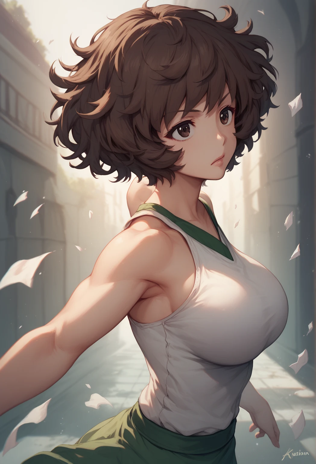 score_9, score_8_up, score_7_up, 1 girl, akiyama yukari, short hair, messy hair, bangs, brown hair, brown eyes, large breasts, standing, dynamic pose; tanks in the background,  masterpiece, best quality
