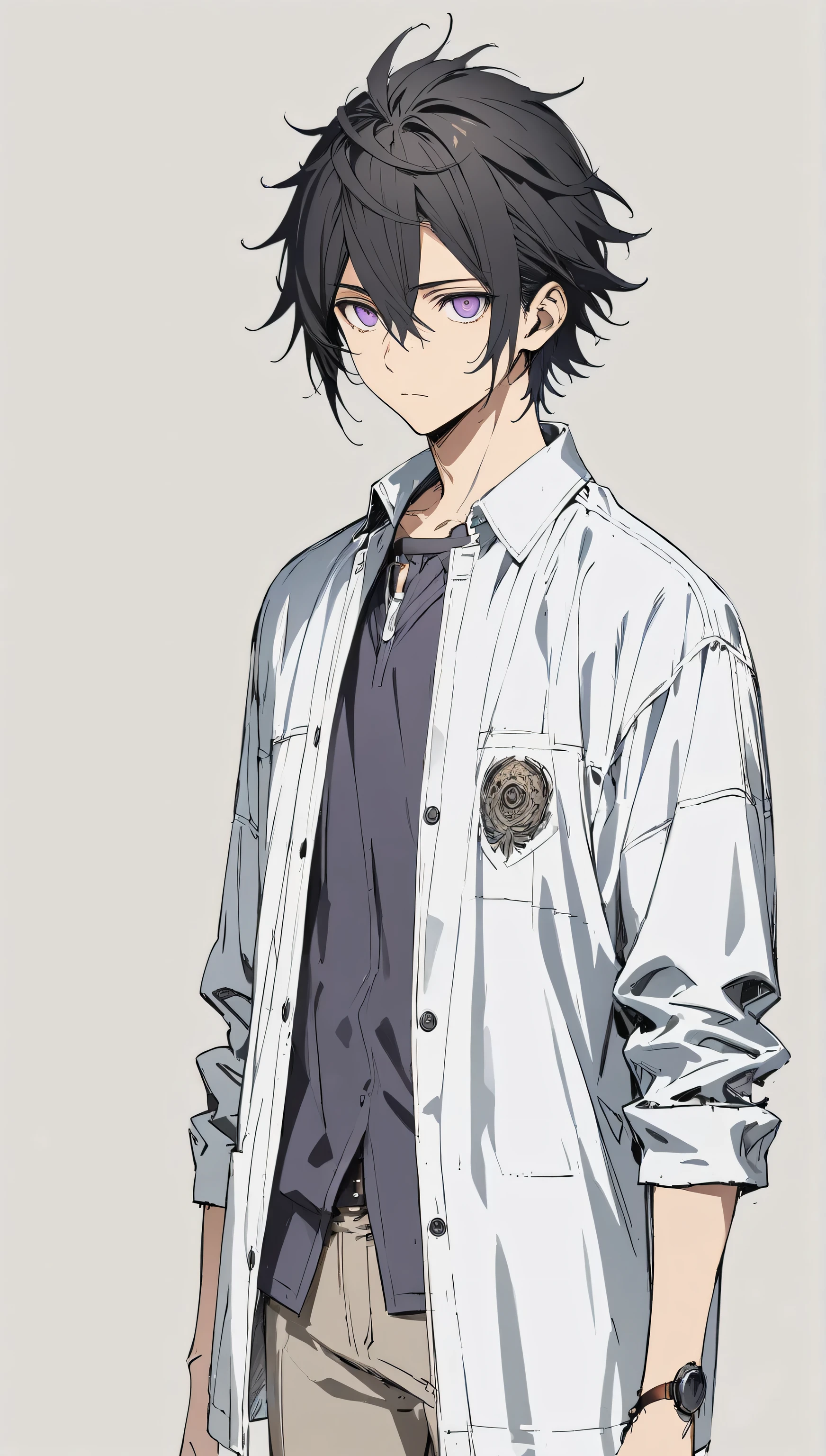 solo,1man,black hair,Cool hairstyle,purple eyes,school uniform,upright,arms at sides,concept art.white background,simple background,best quality,masterpiece,illustration,beautiful detailed eyes,expressionless,ultra-detailed,hairs between eyes