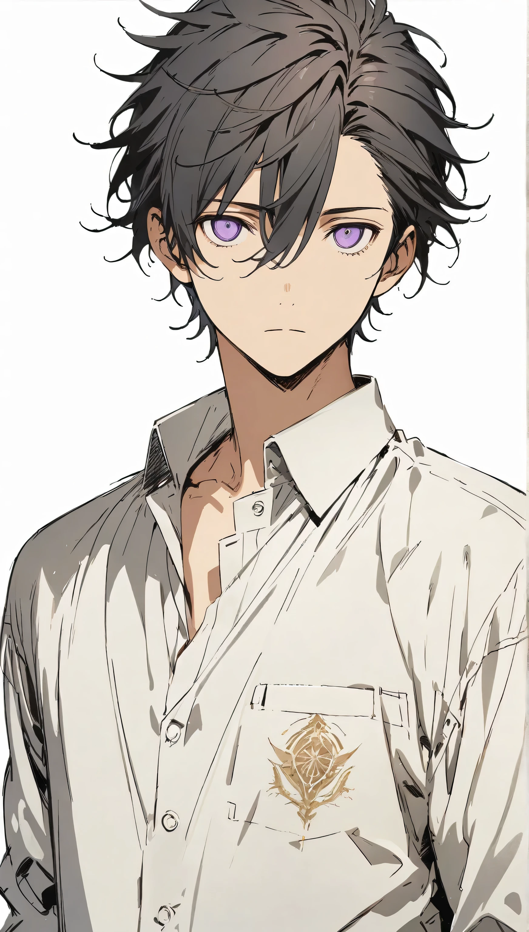 solo,1man,black hair,Cool hairstyle,purple eyes,school uniform,upright,arms at sides,concept art.white background,simple background,best quality,masterpiece,illustration,beautiful detailed eyes,expressionless,ultra-detailed,hairs between eyes
