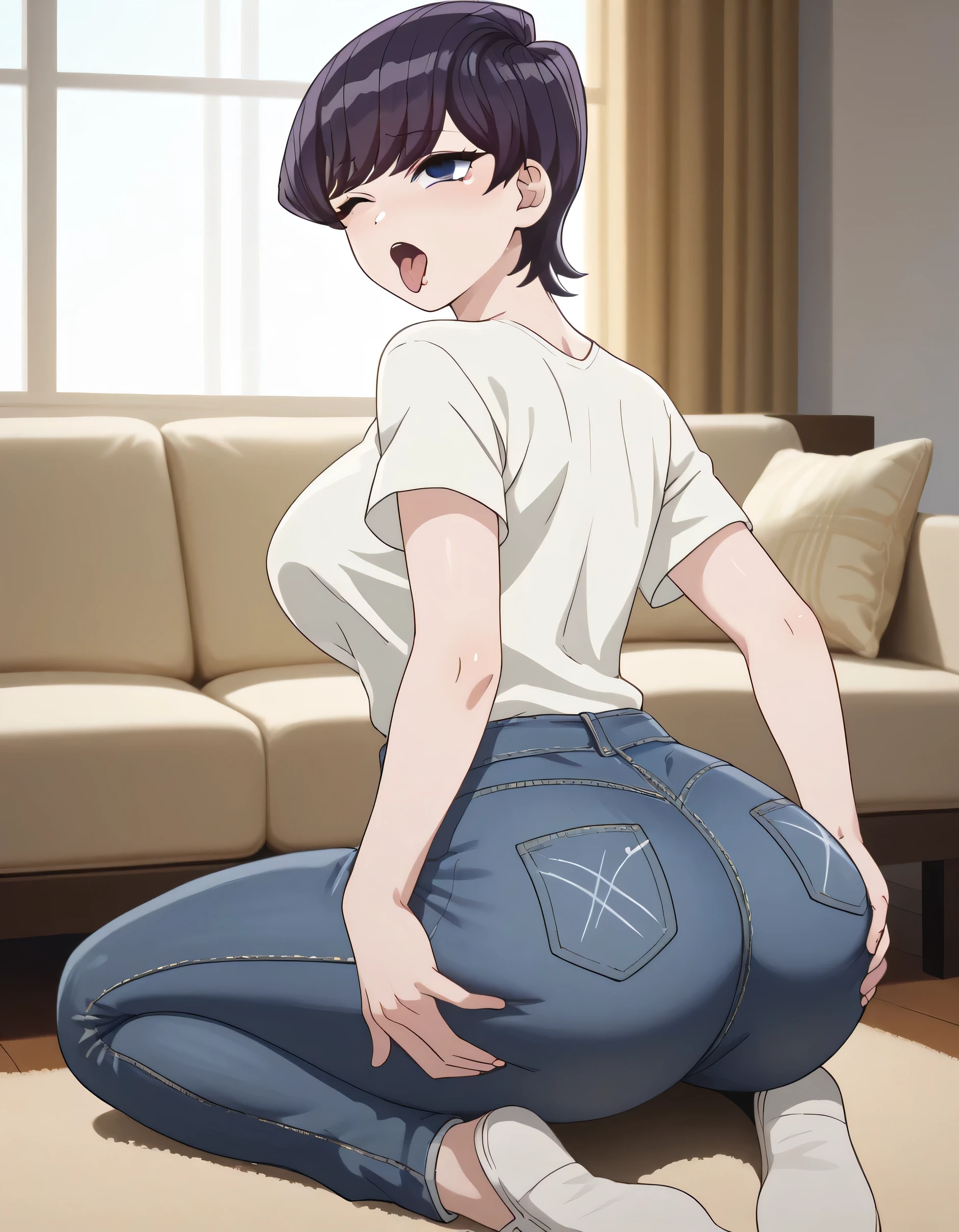 shuukokomi, shuuko komi, short hair, black hair, black eyes, shirt, white shirt, short sleeves, pants, denim, jeans, living room, sitting on sofa, sitting on knees, thick legs, ahegao, one eye closed, looking at viewer, Big breasts, wide hips, sexy ass, Big ass, milf, solo, presure breasts, back view, holding ass, looking back 