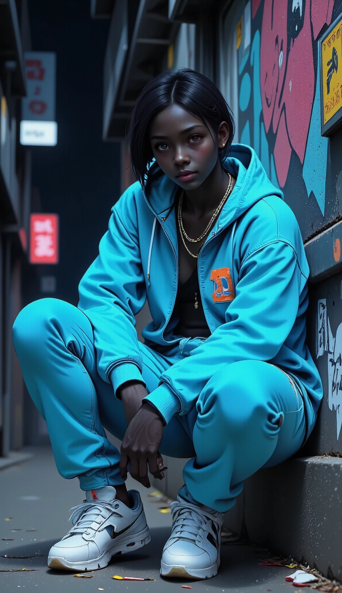  completely black background ,  an anime-style black panther .,  Dressed in light blue and cyan hip hop clothing .., sitting on a wall with graffiti with his legs crossed, with beautiful cyan eyes, Cyan neon lights , abstract image