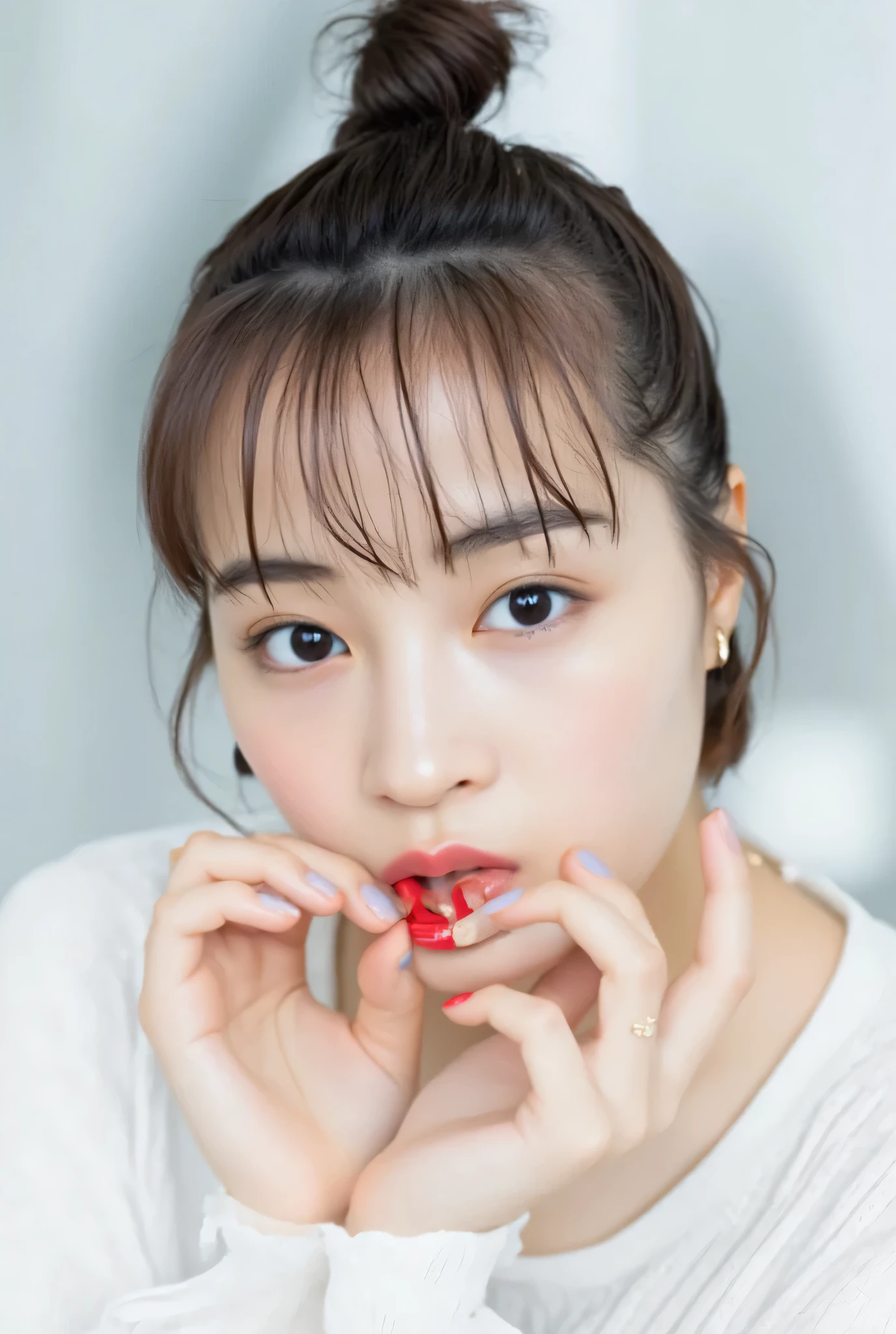 smile making a heart shape with hands:2.0、 (Ultra-precise human anatomy , top quality、 RAW photo、8k、32K、masterpiece、 realistic 、 photorealistic:1.37)、Cute Japanese women images、 tank top 、)、 upper body、 1 girl、Photo Mapping、Physically based rendering、 high image quality、 high definition 、1080P、( beautiful face)、(Detailed description of the face )、( Detailed description of the hand setter'Muscle area)、( CG in detail)、 Rich details 、( Stunning Features :1.35)、( Details Eyes )、 of cute ladies are looking forward to your eyes、Delicate clavicle、 Various Poses、 very realistic detailed upper body portrait of a young woman。The skin is beautiful、 Soft light is reflected in the high part of the cheeks .、 Tiny pores and hair follicles、 You can see even the thinnest blood vessels 。The skin is smooth、natural flushing of cheeks 、Healthy glow。 The eyes are large and clear blue、Her iris has fine patterning、 Light is reflecting and shining in the eye。 There is a slight shadow under her eye 、 Her eyelashes are long and naturally curled。 her lips are soft pink 、Smooth texture with a natural glow、 Slightly reflects light。 the woman wears a simple white top .、 background is pale black and white gradation .、The focus is completely on the face and upper body。 realistic shadows and textures、 picture-like depiction.。