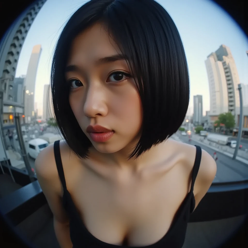 Front view, straight hair, bob cut hair, ((black hair)), skinny shape, thick legs, green eyes, standing , tokyo, night city lights, skirt, eyes front view, huge lips, ((pink top)), ((big eyes)), big lips , wide hips, tiny nose, ((perfect face)), perfect skin, ((beautiful smile))
