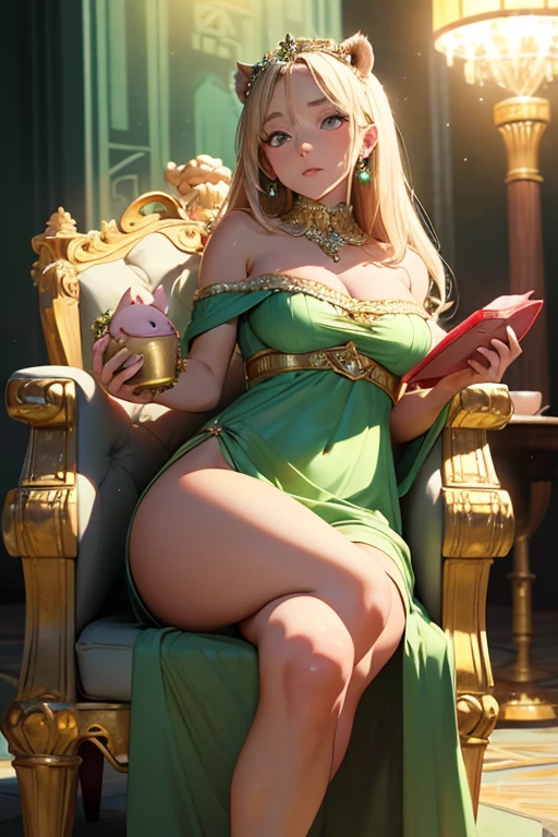 Hot girl wearing ancient greek dress, sitting on a throne, she holds a little pig, in her hand a cup with shiny green smoke, a lion lie beneath her