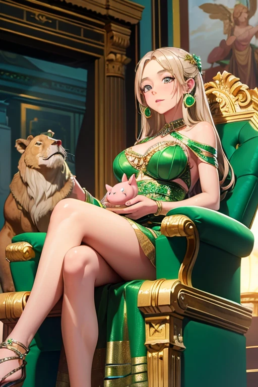 Hot girl wearing ancient greek dress, sitting on a throne, she holds a little pig, in her hand a cup with shiny green smoke, a lion lie beneath her