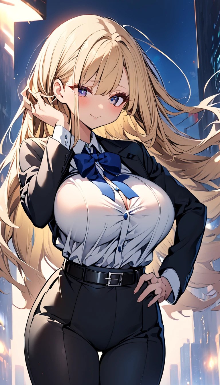  One girl 　 cute girl　 ANIME STYLE　Anime Face　 anime style　Beauty　Big Breasts　 top and bottom black colored pantsuit　White color shirt　Fasten the blue ribbon 　The jacket is black 　 black pants　belt　Blonde hair　 straight hair 　 long hair on her face