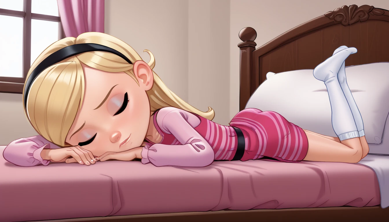 penny peterson, long hair, blue eyes, 3d, blonde hair, skirt, hairband, black hairband, white socks, dress, pink dress, long sleeves, Andystyle, Butt Clench, ((bedroom)), sleeping, eyes closed, straight-on, lying, on stomach, in bed, ryona, 4k