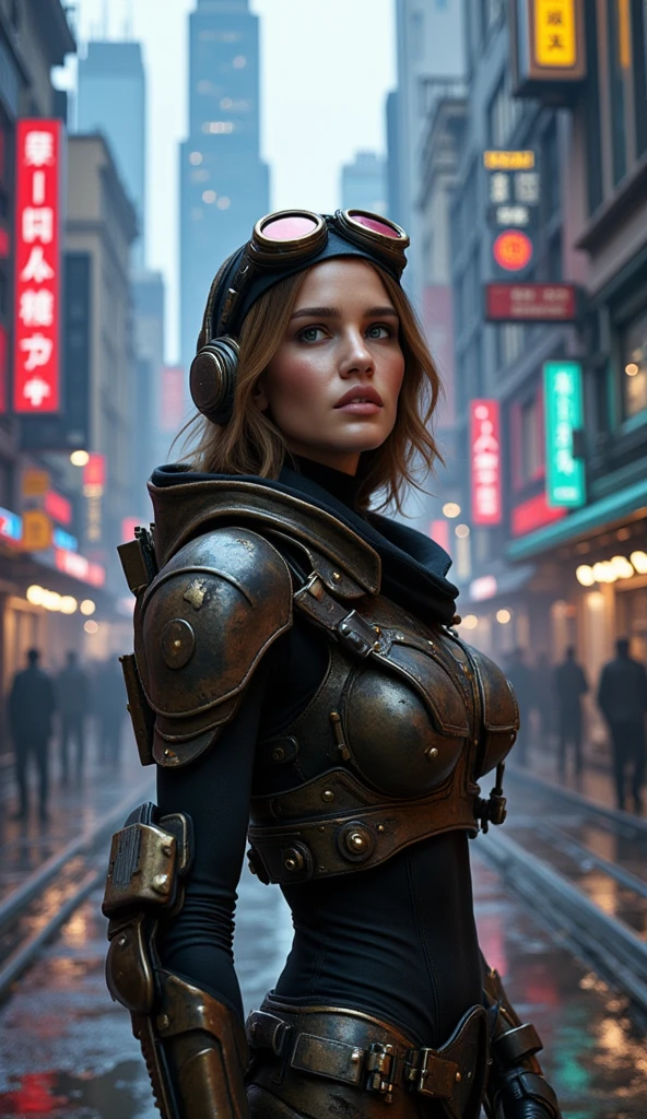 masterpiece,  best quality, , (solo), 1girl, look up, dim light, , Horizon_(apex legends), goggles, blue eyes, brown hair, gauntlets, shoulder armor,  headwear, (freckles:0.5), , (science_fiction), outdoors, street, neon lights, cyberpunk,