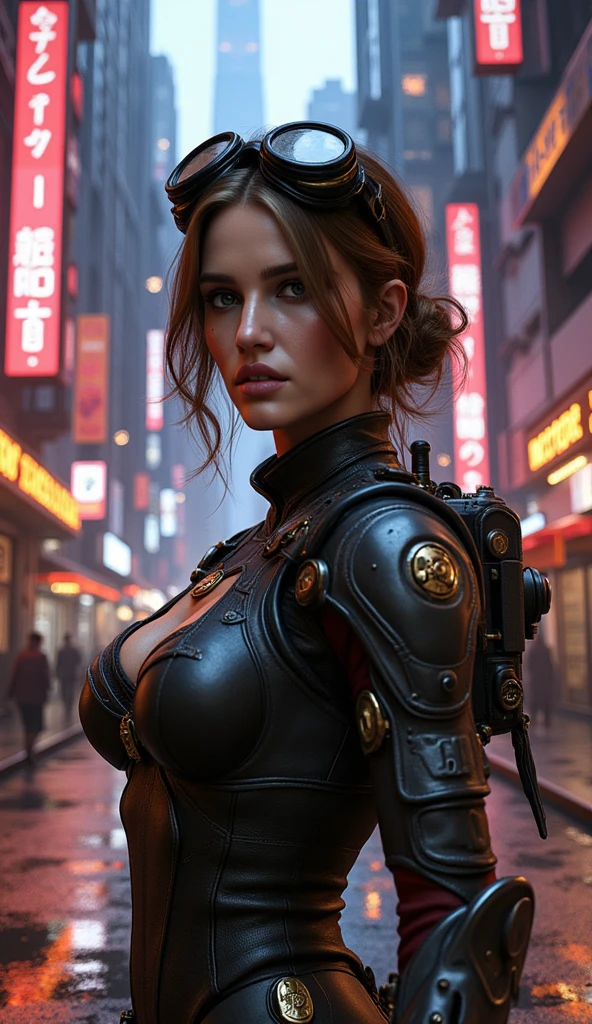 masterpiece,  best quality, , (solo), 1girl, look up, dim light, , Horizon_(apex legends), goggles, blue eyes, brown hair, gauntlets, shoulder armor,  headwear, (freckles:0.5), , (science_fiction), outdoors, street, neon lights, cyberpunk,