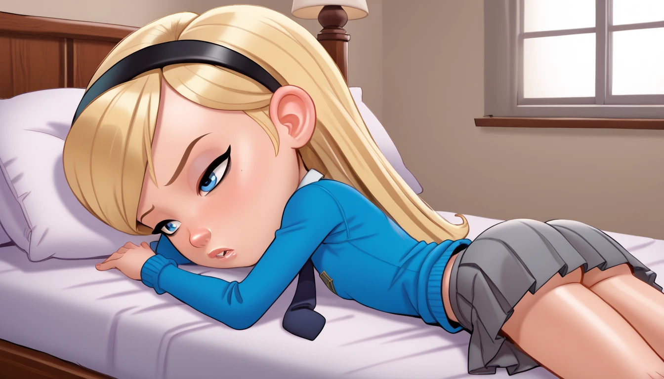 penny peterson, long hair, blue eyes, 3d, blonde hair, hairband, necktie, school uniform, shirt, white shirt, long sleeves, sweater, blue sweater, skirt, grey skirt, Andystyle, Butt Clench, ((bedroom)), sleeping, eyes closed, straight-on, lying, on stomach, in bed, ryona, 4k