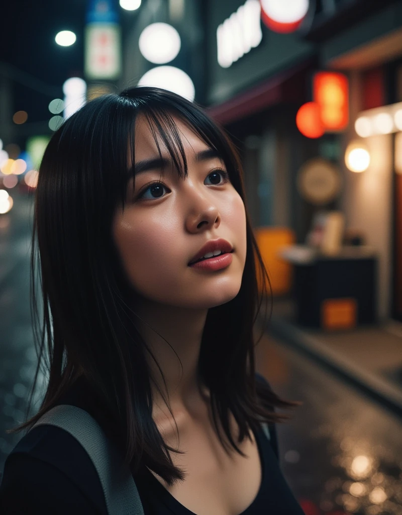  a masterpiece shot on a high resolution 35mm camera, Looking down on women,  a dark and beautiful photo with detailed imagery, ( on the pavement in the dark rainy night : 1.6), mole, Small scar,  detailed skin texture showing the cathedral,  beautiful hair, ( 28 year old asian woman wearing a black tank top: 1.6)  chin up and looking straight up, I lowered my arms, ( tears overflowing from big eyes ,   ****'s forehead dyed with deep red liquid  : 1.6), ( street lights faintly illuminate the rain-soaked woman: 1.6), Sparkling Eyes,  slim body,  plump big breasts, clavicle, Narrow shoulders, ( with a look of despair and sadness: 1.8) a composition Looking down on women looking up,  blurred wet cobblestone road surface